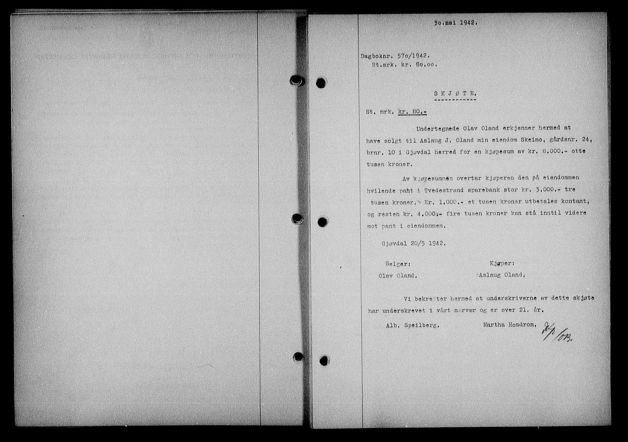 Nedenes sorenskriveri, AV/SAK-1221-0006/G/Gb/Gba/L0049: Mortgage book no. A-III, 1941-1942, Diary no: : 570/1942