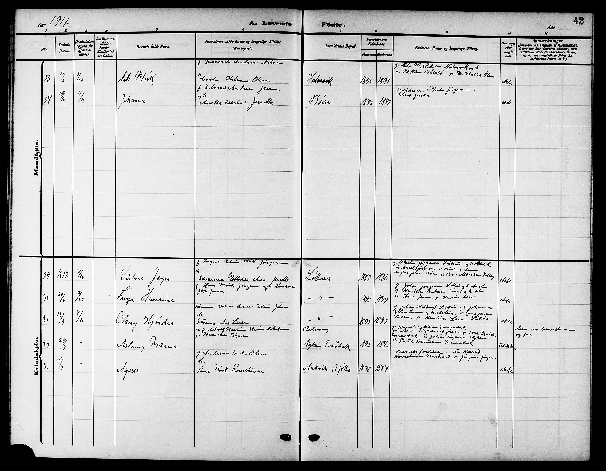 Ministerialprotokoller, klokkerbøker og fødselsregistre - Nordland, AV/SAT-A-1459/832/L0494: Parish register (copy) no. 832C01, 1906-1922, p. 42