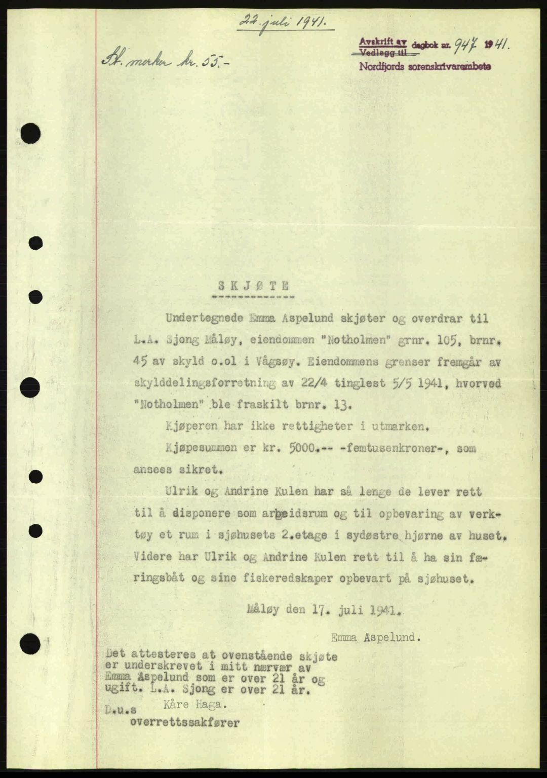 Nordfjord sorenskriveri, AV/SAB-A-2801/02/02b/02bj/L0006: Mortgage book no. A6, 1940-1941, Diary no: : 947/1941