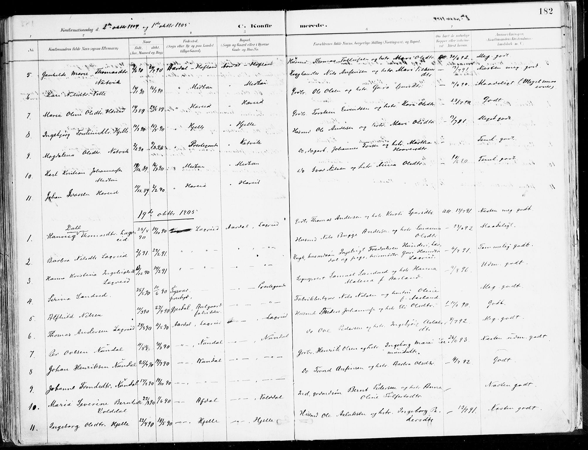 Årdal sokneprestembete, SAB/A-81701: Parish register (official) no. A 5, 1887-1917, p. 182