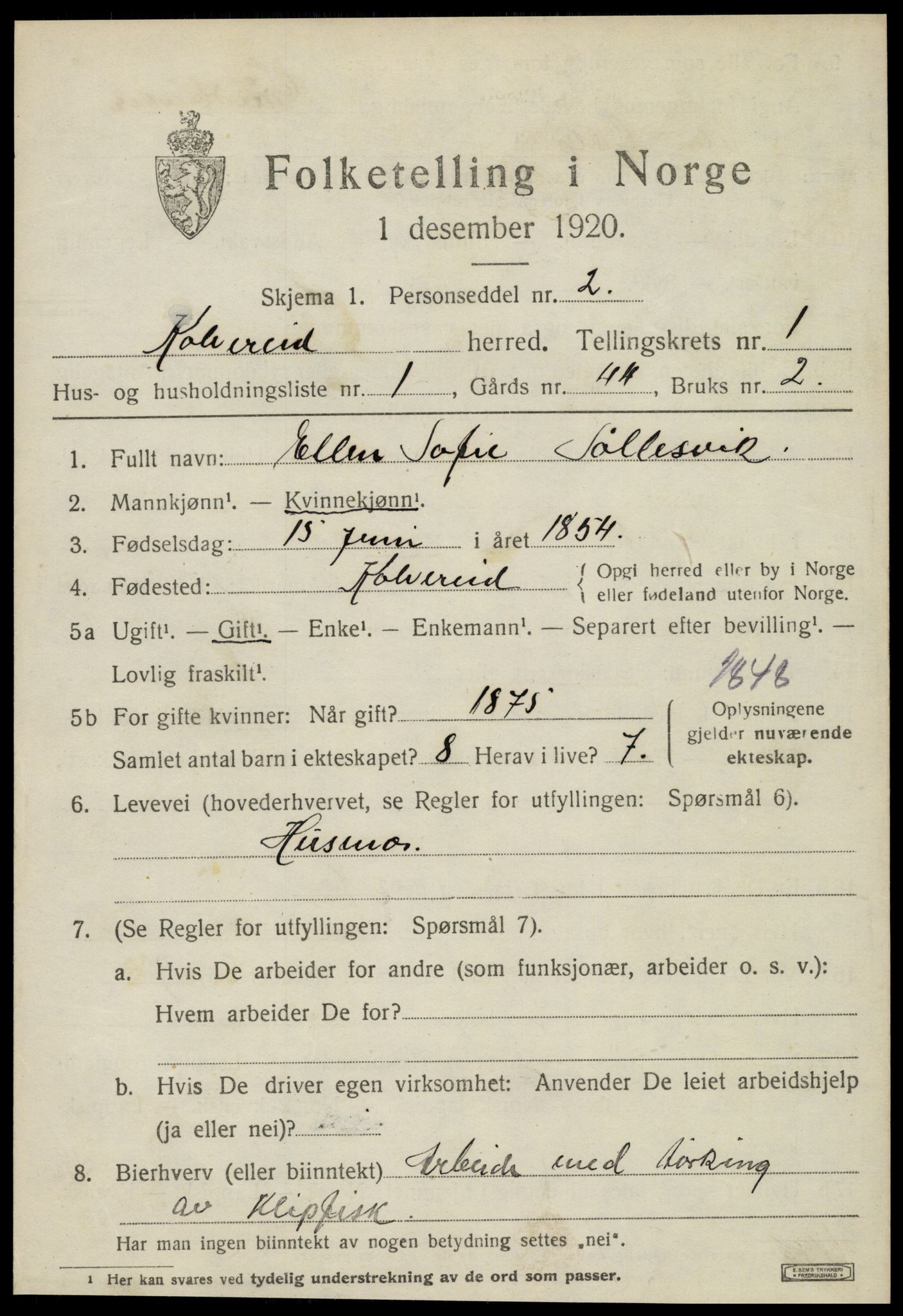 SAT, 1920 census for Kolvereid, 1920, p. 861