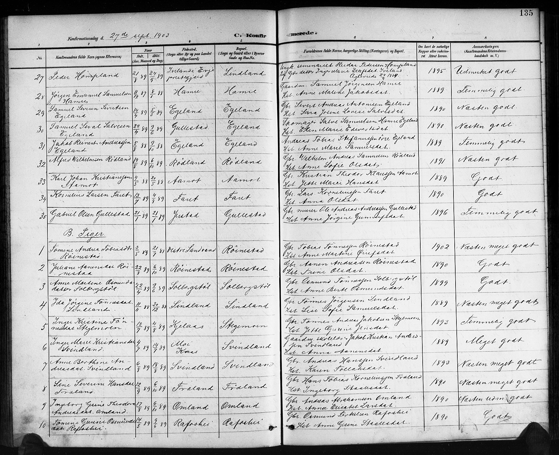 Kvinesdal sokneprestkontor, SAK/1111-0026/F/Fb/Fbb/L0003: Parish register (copy) no. B 3, 1898-1916, p. 135