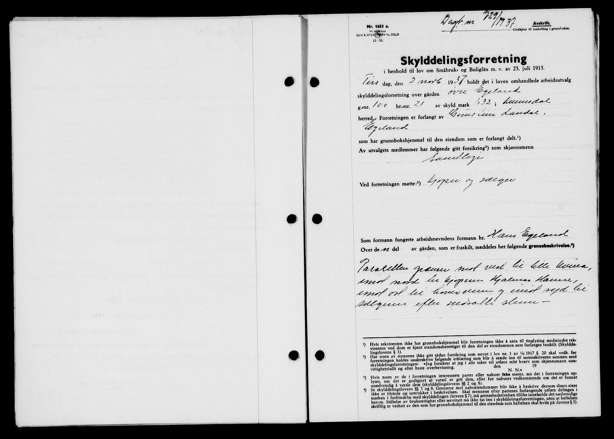 Flekkefjord sorenskriveri, SAK/1221-0001/G/Gb/Gba/L0054: Mortgage book no. A-2, 1937-1938, Diary no: : 729/1937