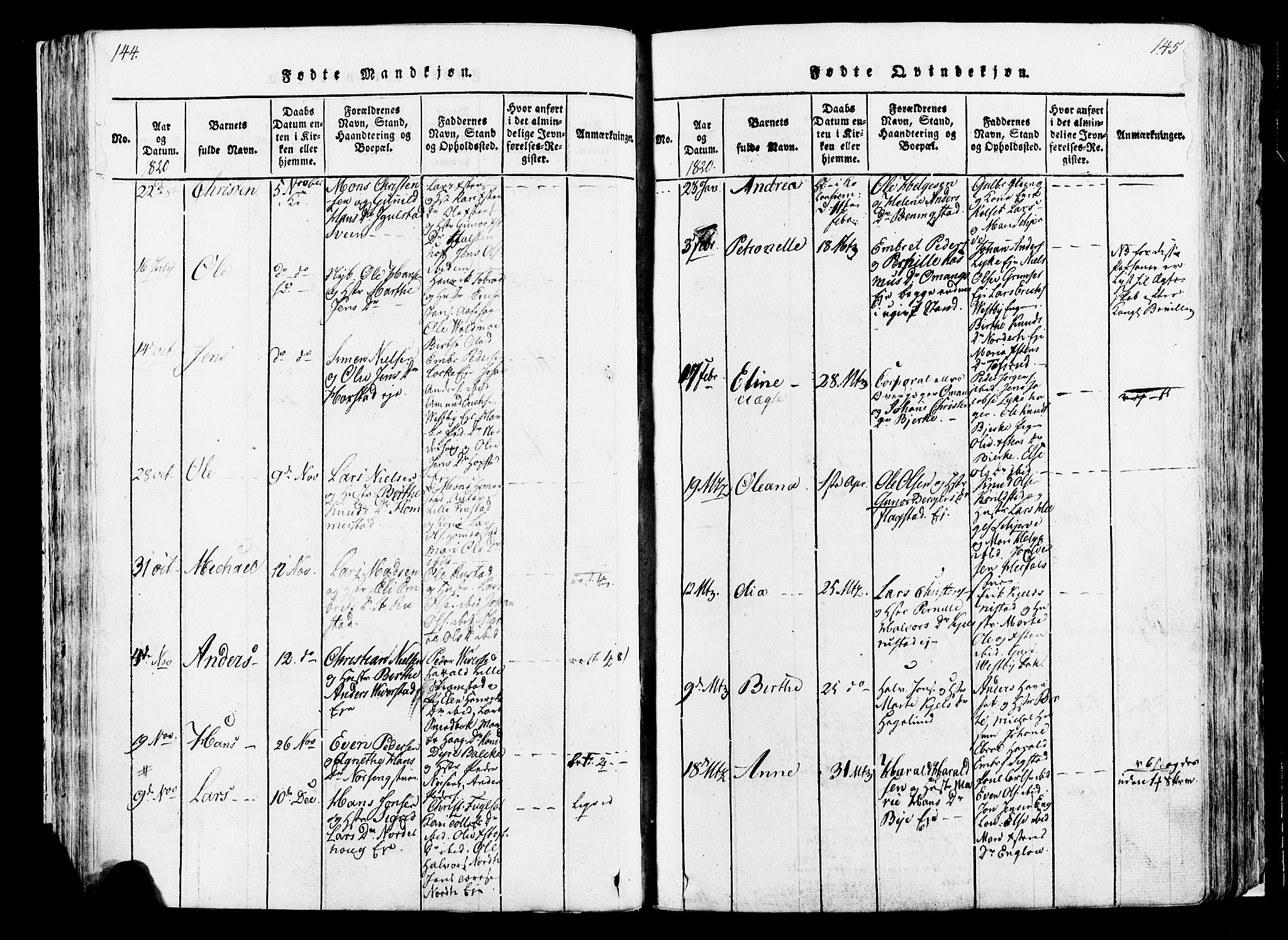 Løten prestekontor, SAH/PREST-022/K/Ka/L0005: Parish register (official) no. 5, 1814-1832, p. 144-145