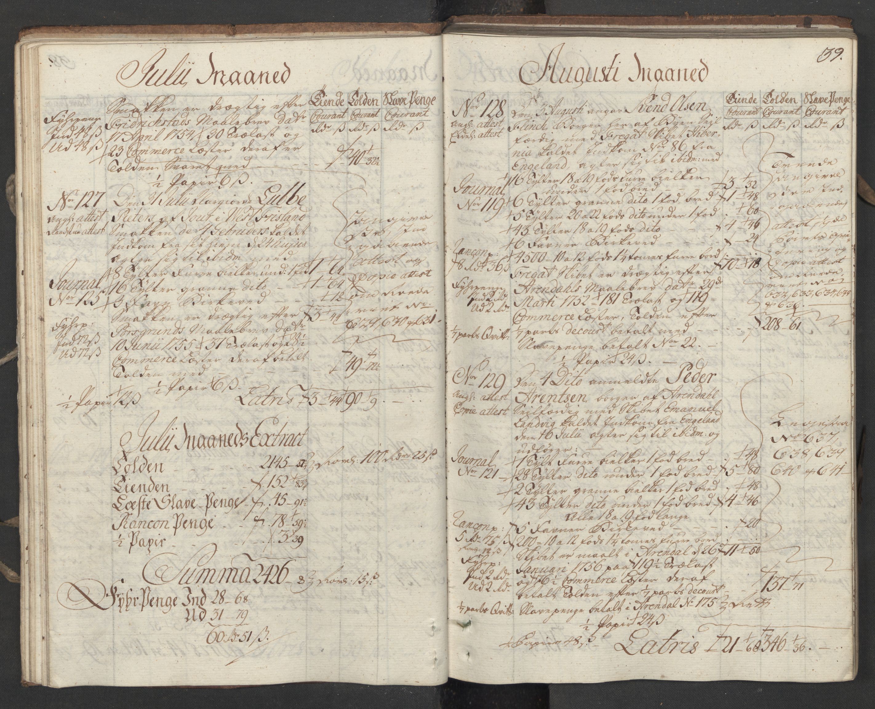 Generaltollkammeret, tollregnskaper, AV/RA-EA-5490/R16/L0034/0001: Tollregnskaper Kristiansand / Utgående hovedtollbok, 1756, p. 38b-39a