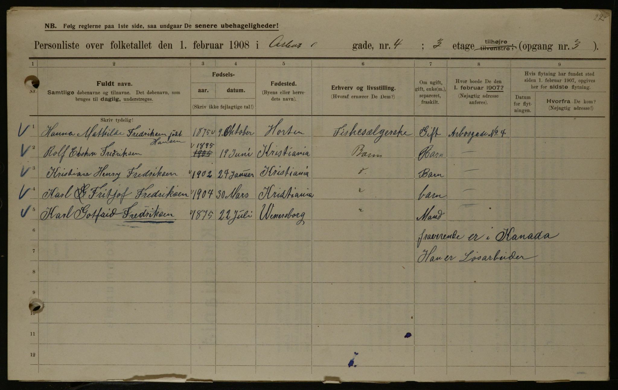 OBA, Municipal Census 1908 for Kristiania, 1908, p. 2092