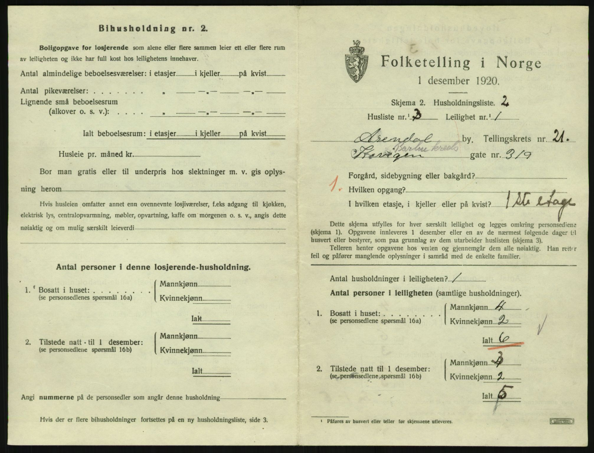 SAK, 1920 census for Arendal, 1920, p. 8482