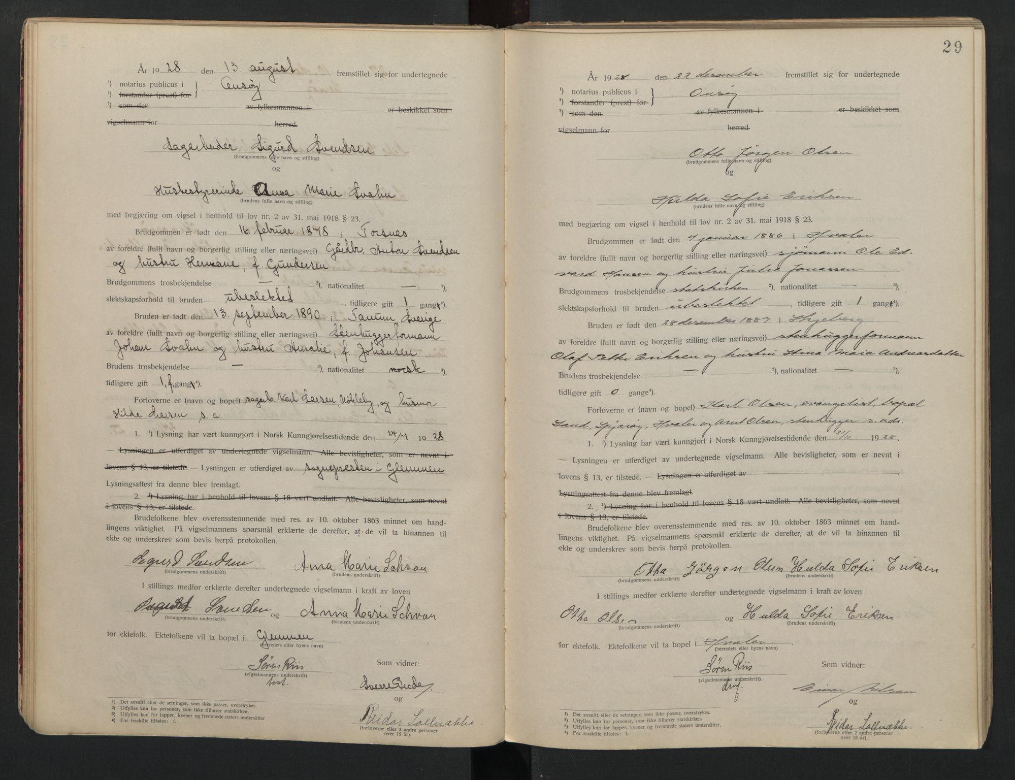 Onsøy sorenskriveri, AV/SAO-A-10474/L/La/L0001: Vigselsbok, 1920-1942, p. 29