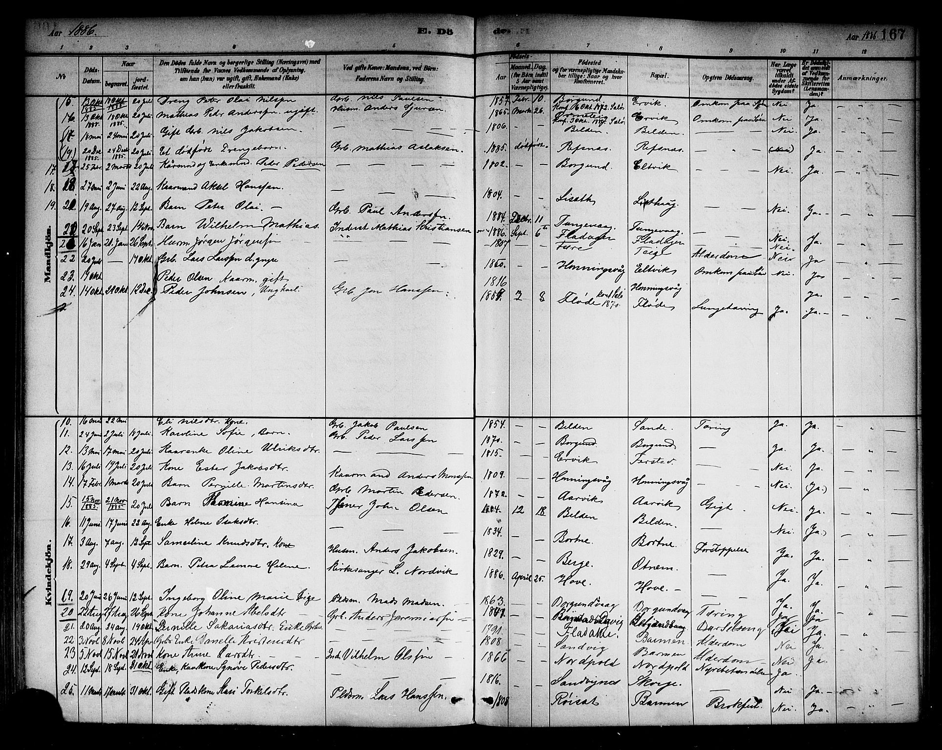 Selje sokneprestembete, SAB/A-99938/H/Ha/Haa/Haab: Parish register (official) no. B 1, 1881-1890, p. 167