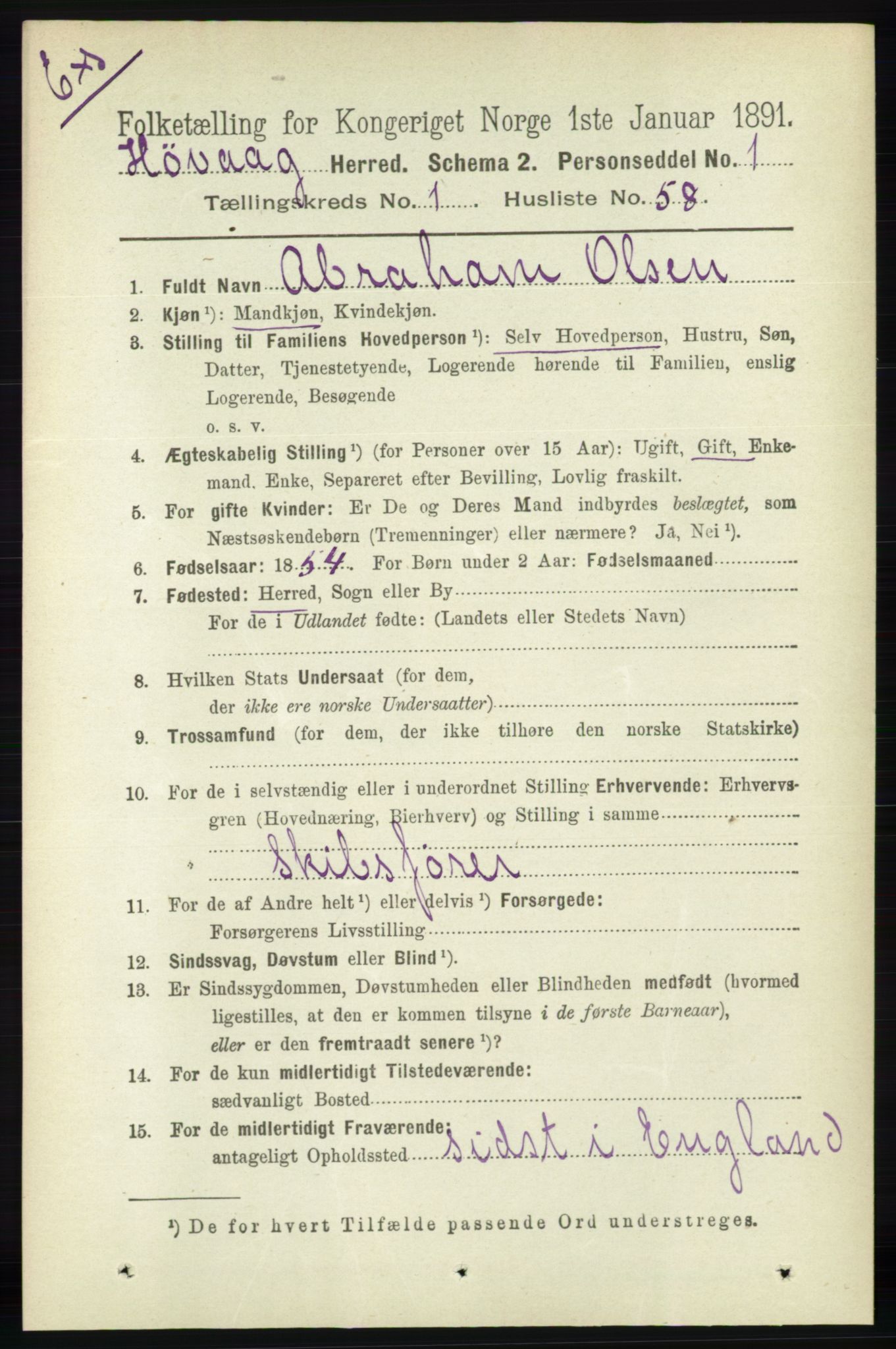 RA, Census 1891 for Nedenes amt: Gjenparter av personsedler for beslektede ektefeller, menn, 1891, p. 829