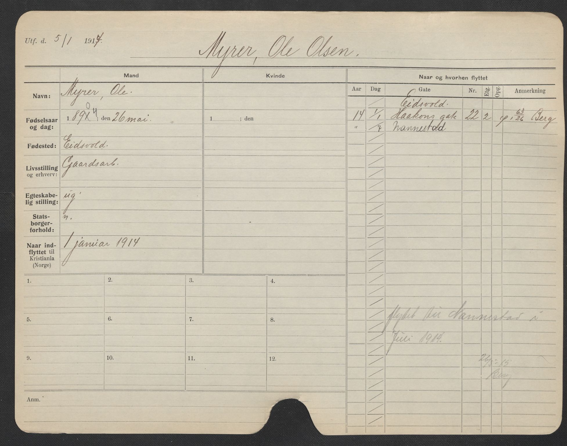 Oslo folkeregister, Registerkort, AV/SAO-A-11715/F/Fa/Fac/L0007: Menn, 1906-1914, p. 951a