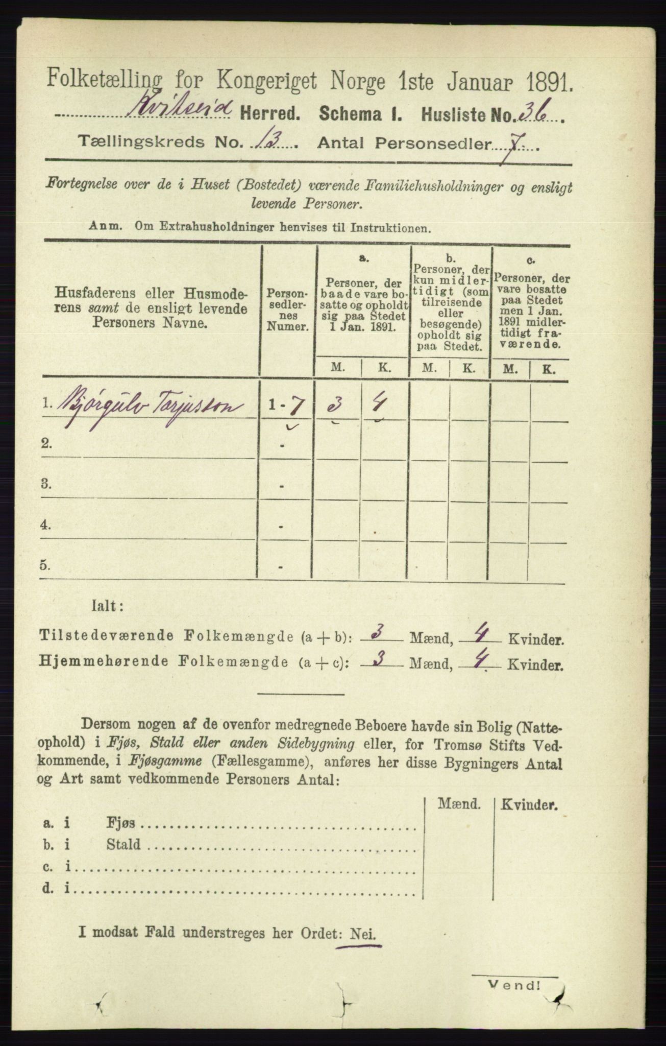 RA, 1891 census for 0829 Kviteseid, 1891, p. 3075