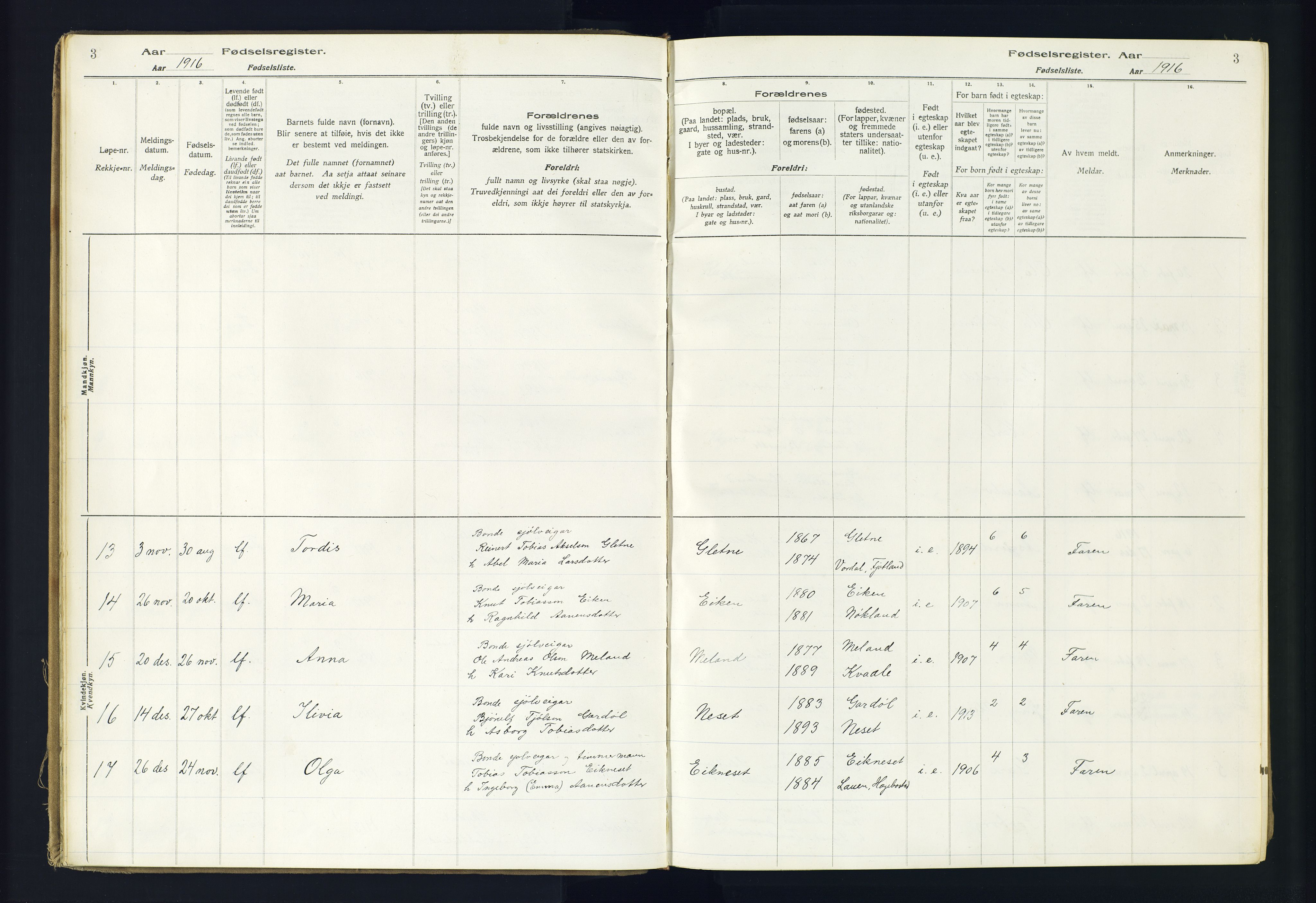 Hægebostad sokneprestkontor, AV/SAK-1111-0024/J/Ja/L0002: Birth register no. II.6.8, 1916-1982, p. 3