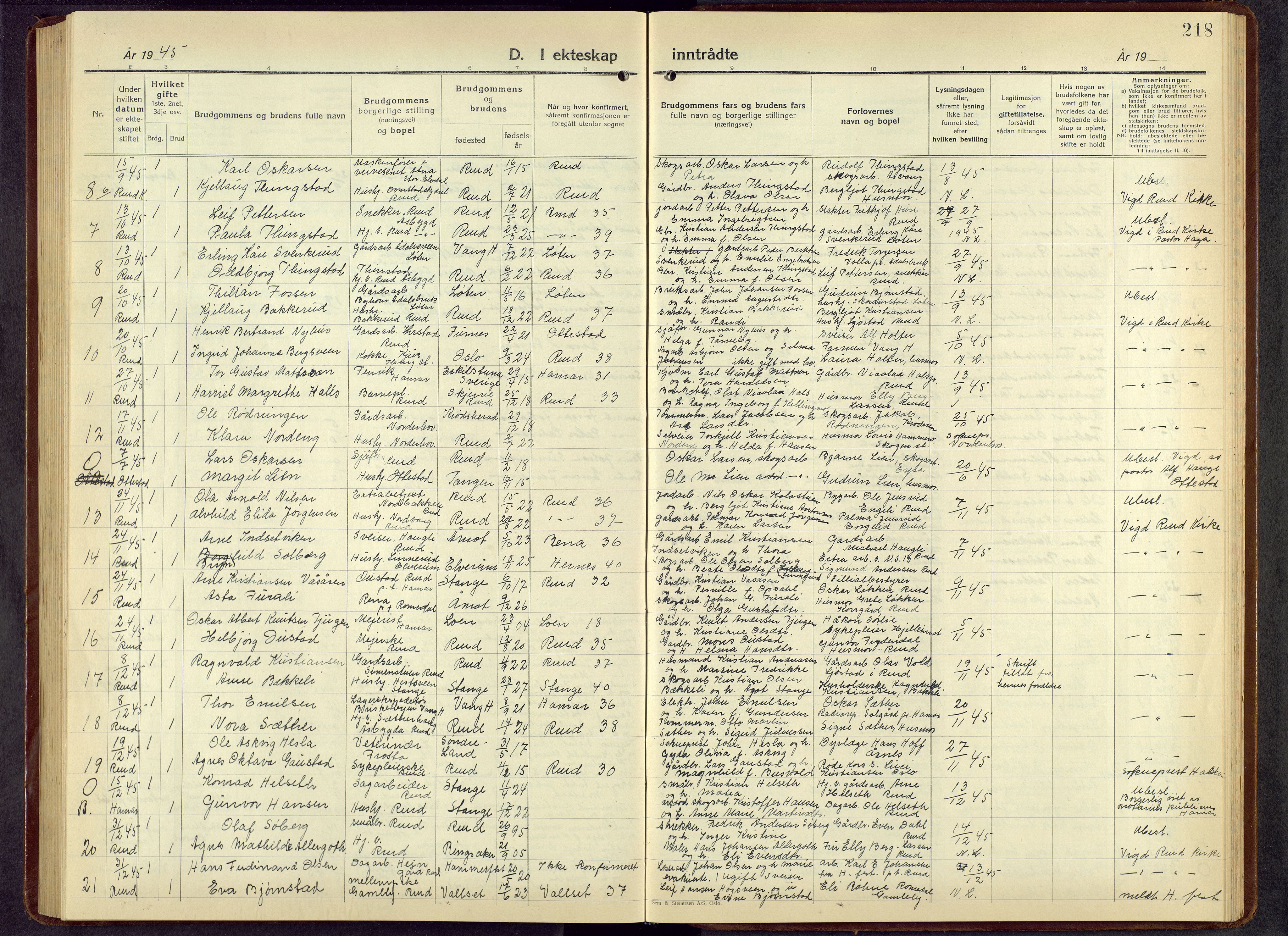 Romedal prestekontor, SAH/PREST-004/L/L0016: Parish register (copy) no. 16, 1940-1958, p. 218