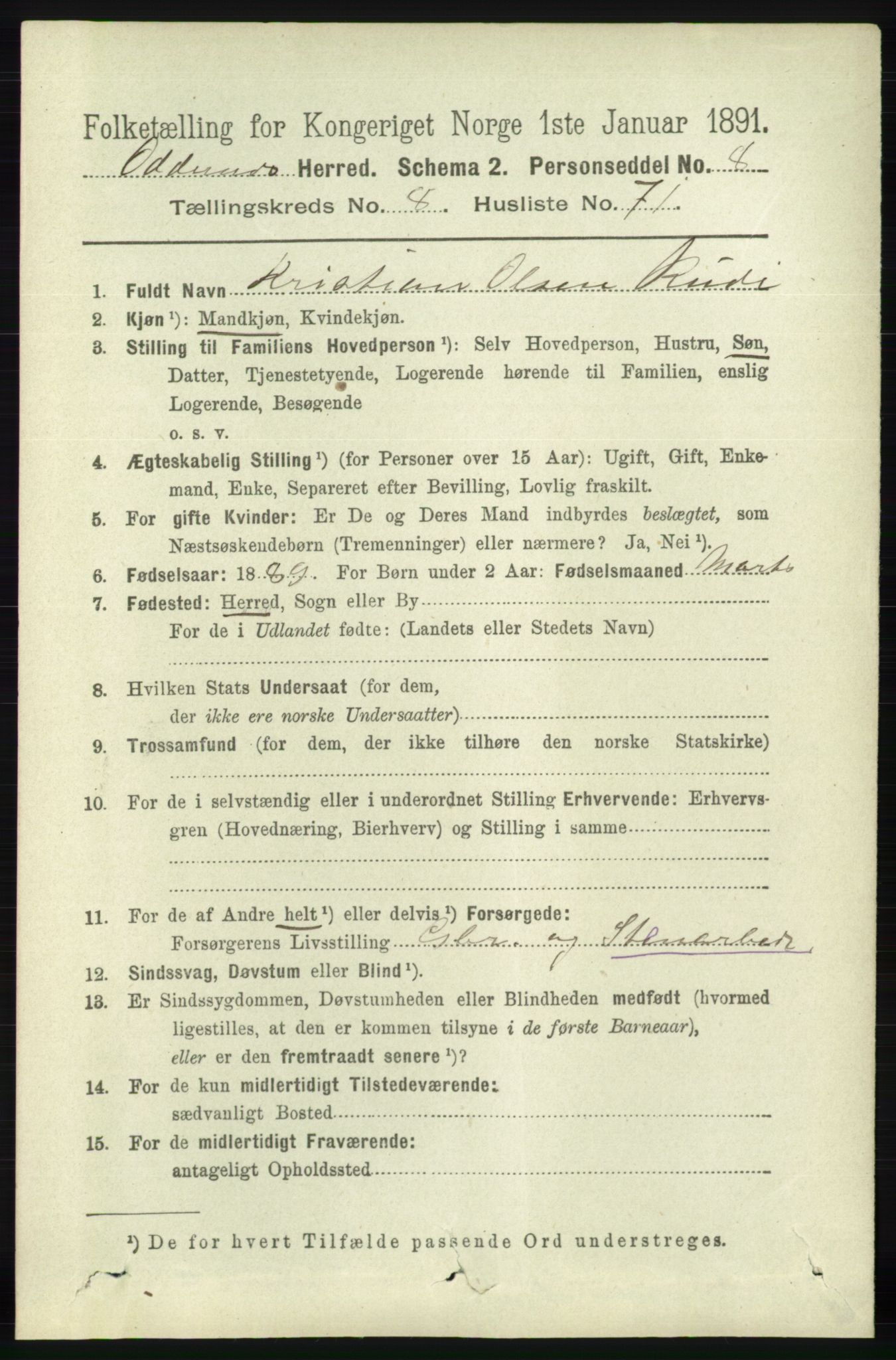 RA, 1891 census for 1012 Oddernes, 1891, p. 3177