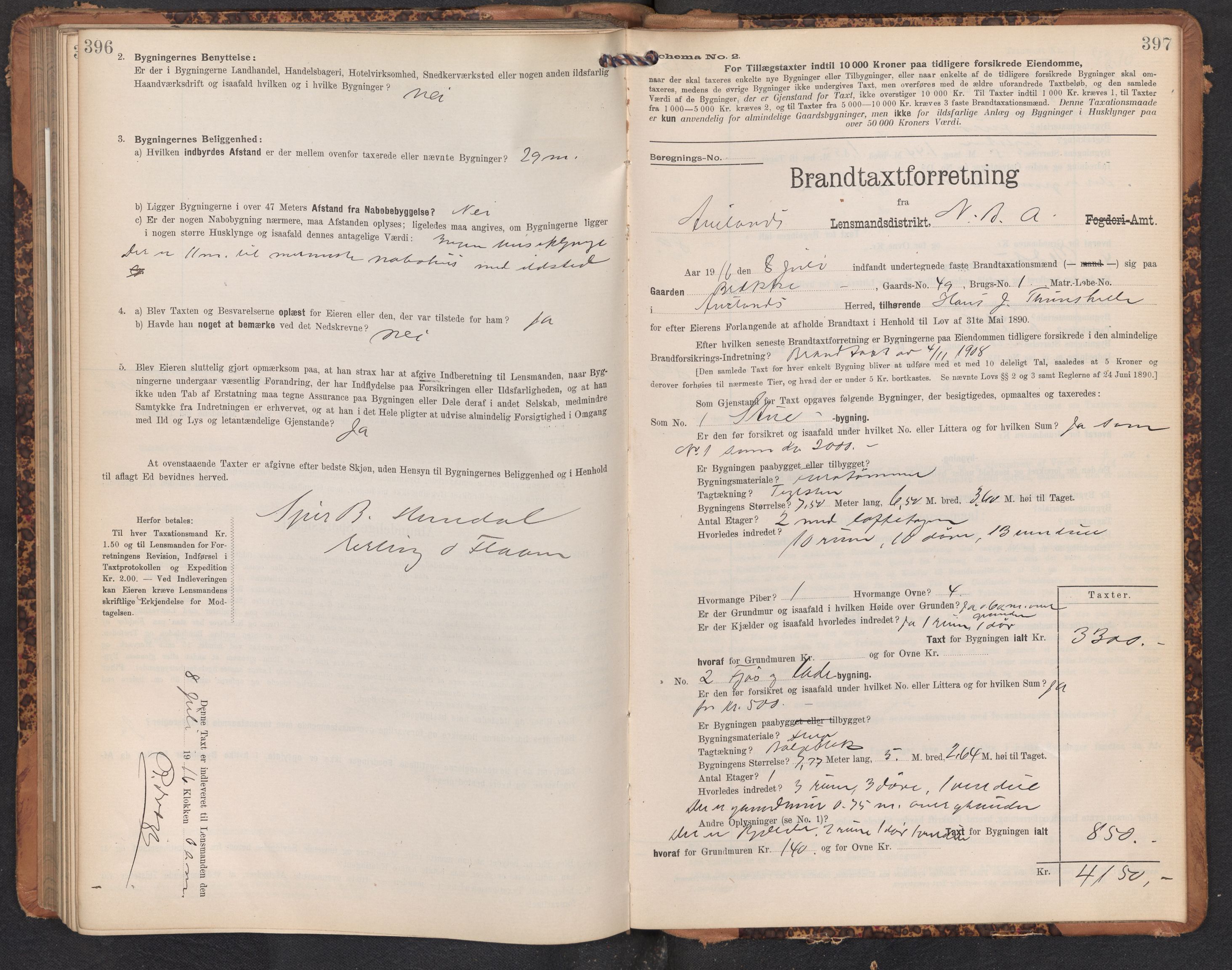 Lensmannen i Aurland, SAB/A-26401/0012/L0005: Branntakstprotokoll, skjematakst, 1909-1916, p. 396-397