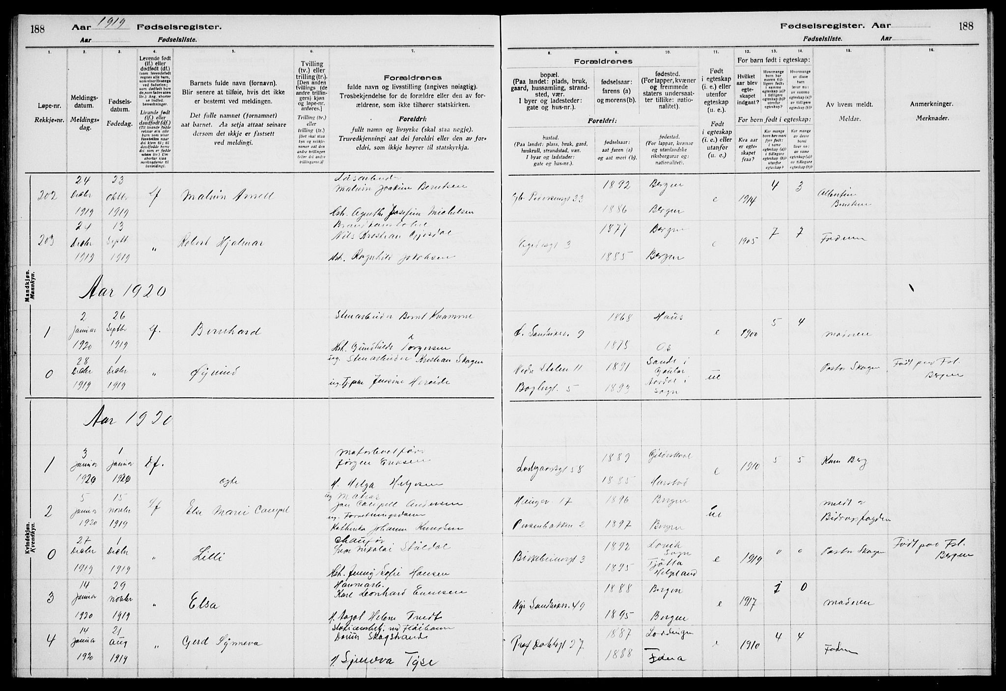 Sandviken Sokneprestembete, SAB/A-77601/I/Ib/L00A1: Birth register no. A 1, 1915-1920, p. 188