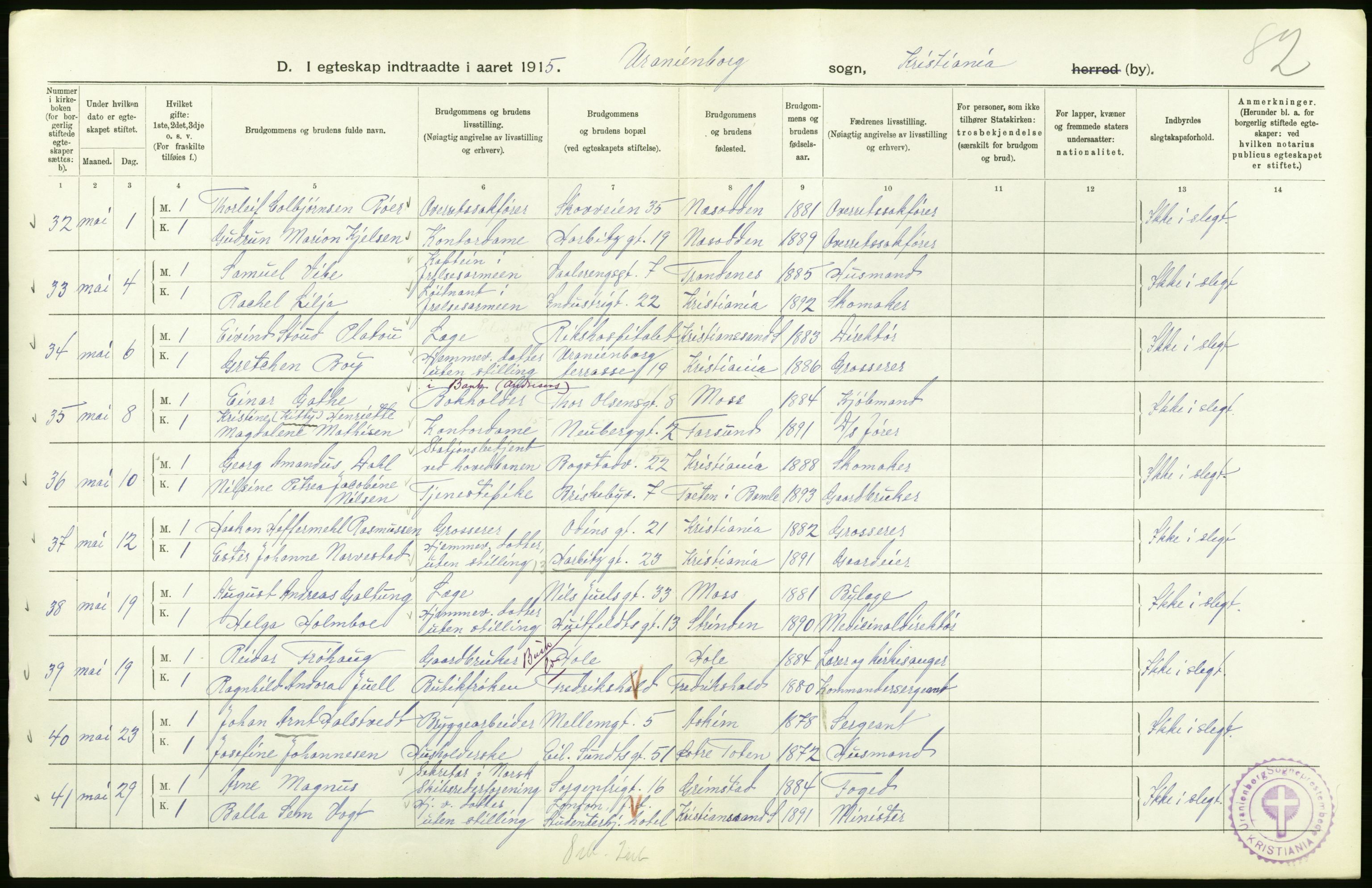 Statistisk sentralbyrå, Sosiodemografiske emner, Befolkning, AV/RA-S-2228/D/Df/Dfb/Dfbe/L0008: Kristiania: Gifte., 1915, p. 238