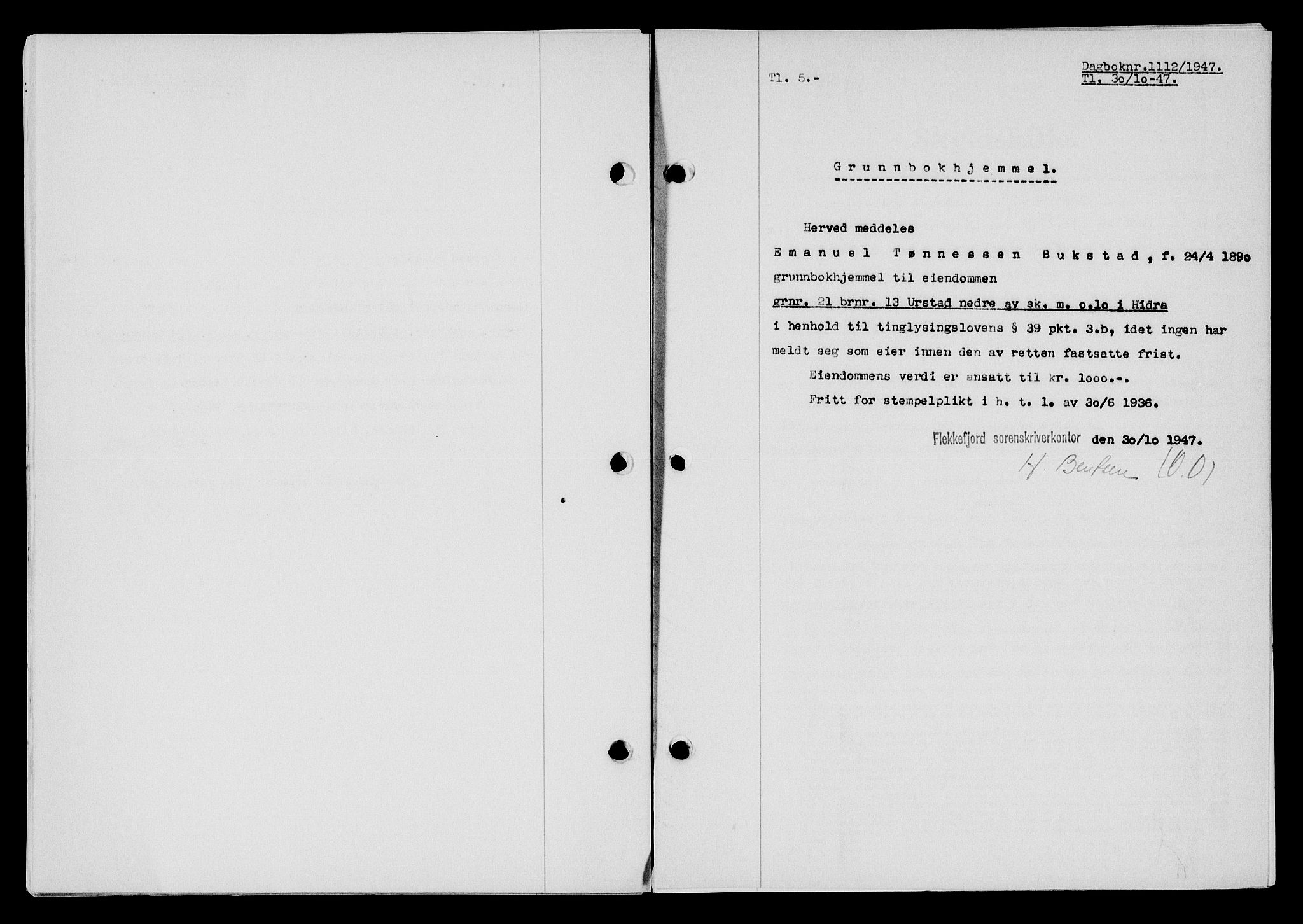 Flekkefjord sorenskriveri, SAK/1221-0001/G/Gb/Gba/L0063: Mortgage book no. A-11, 1947-1948, Diary no: : 1112/1947