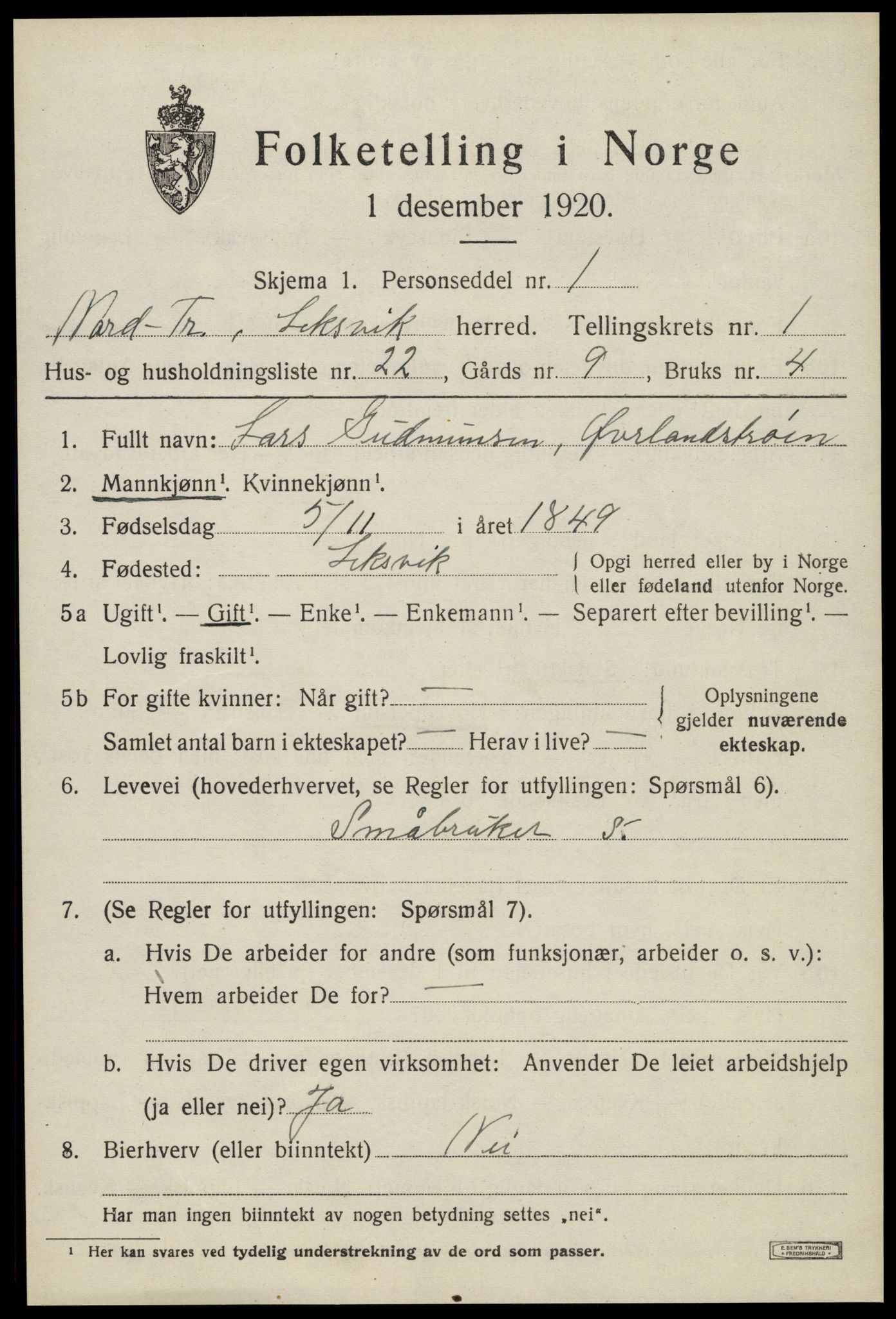SAT, 1920 census for Leksvik, 1920, p. 1398