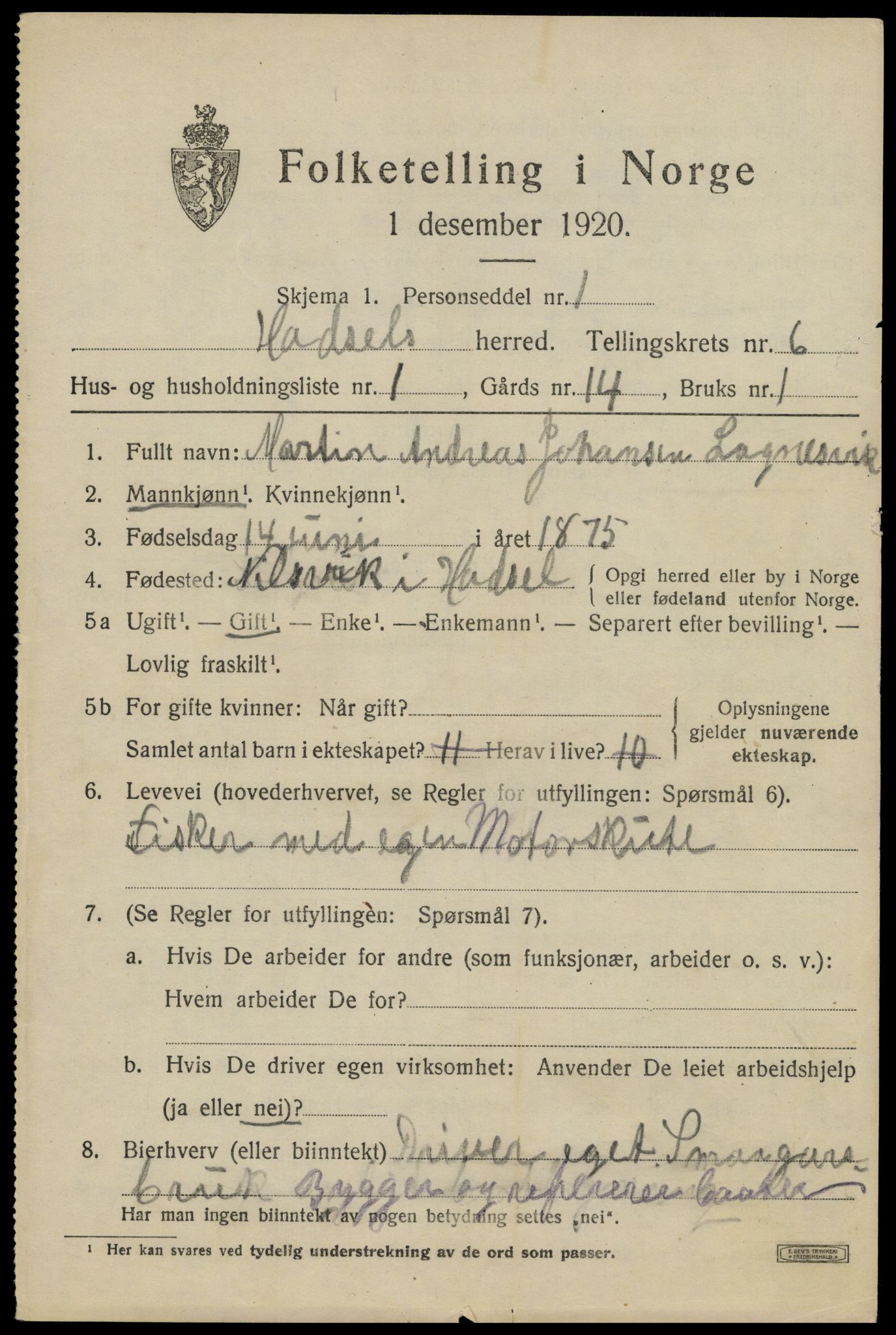 SAT, 1920 census for Hadsel, 1920, p. 6482