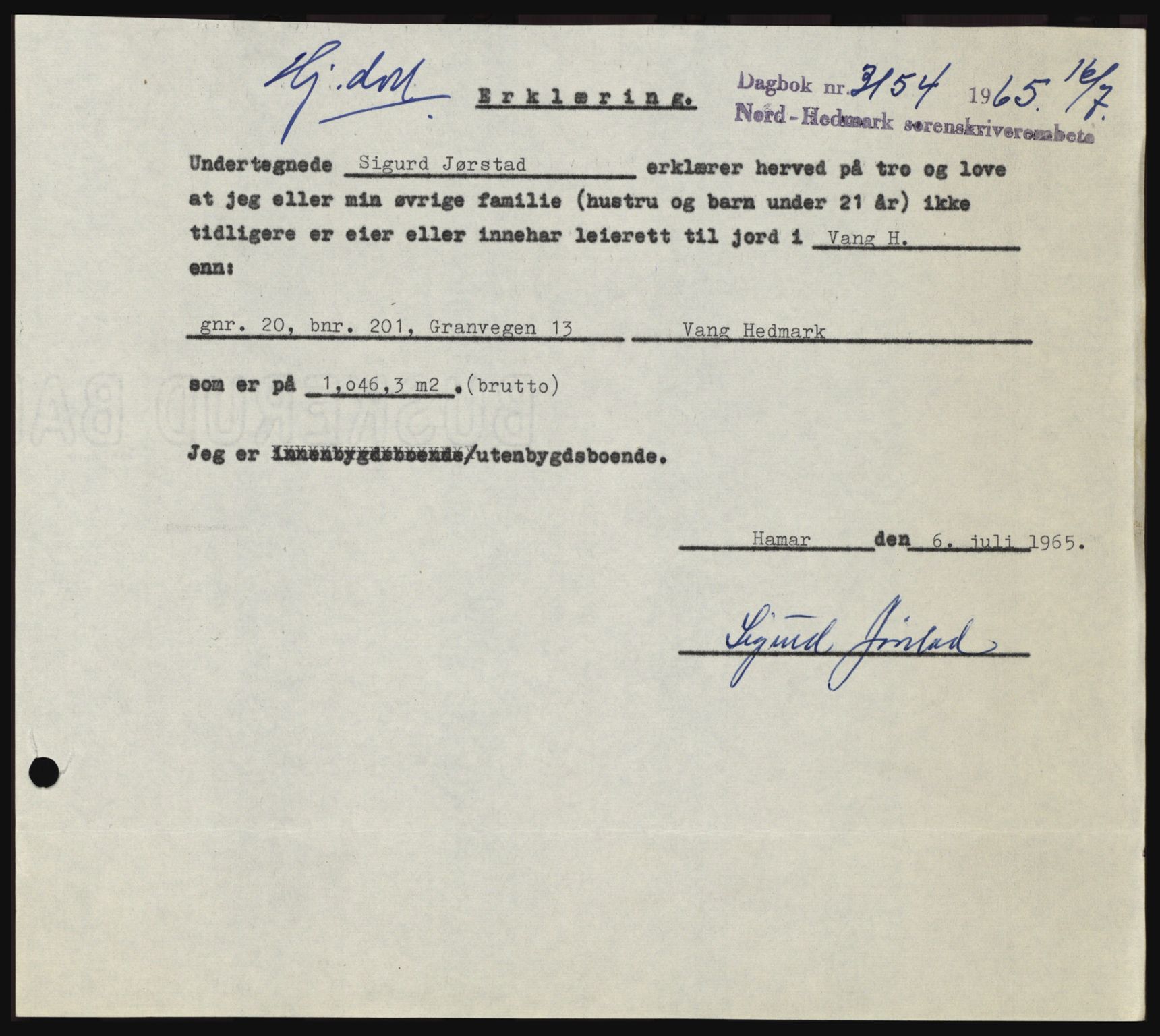 Nord-Hedmark sorenskriveri, SAH/TING-012/H/Hc/L0022: Mortgage book no. 22, 1965-1965, Diary no: : 3154/1965