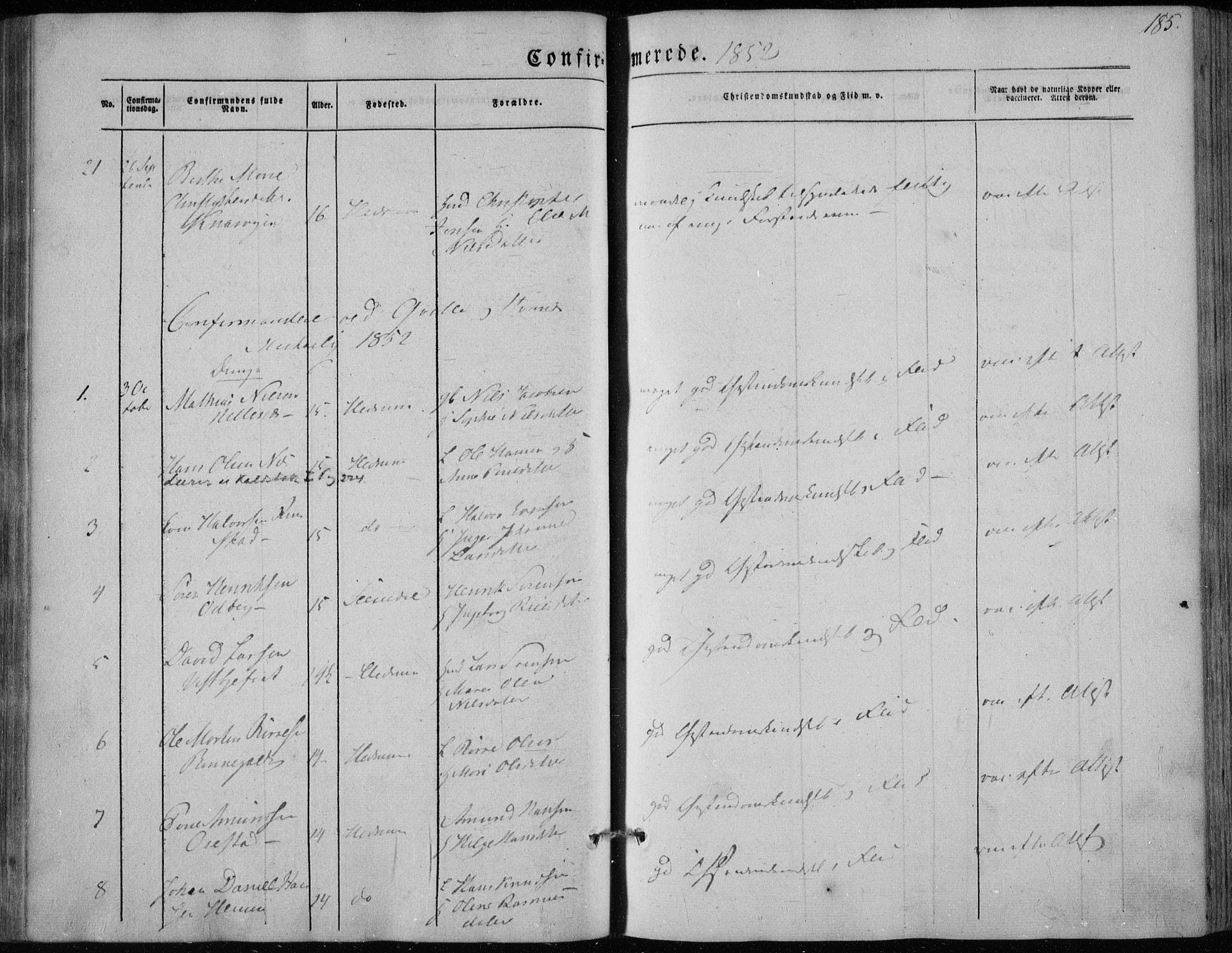 Hedrum kirkebøker, AV/SAKO-A-344/F/Fa/L0006: Parish register (official) no. I 6, 1849-1857, p. 185