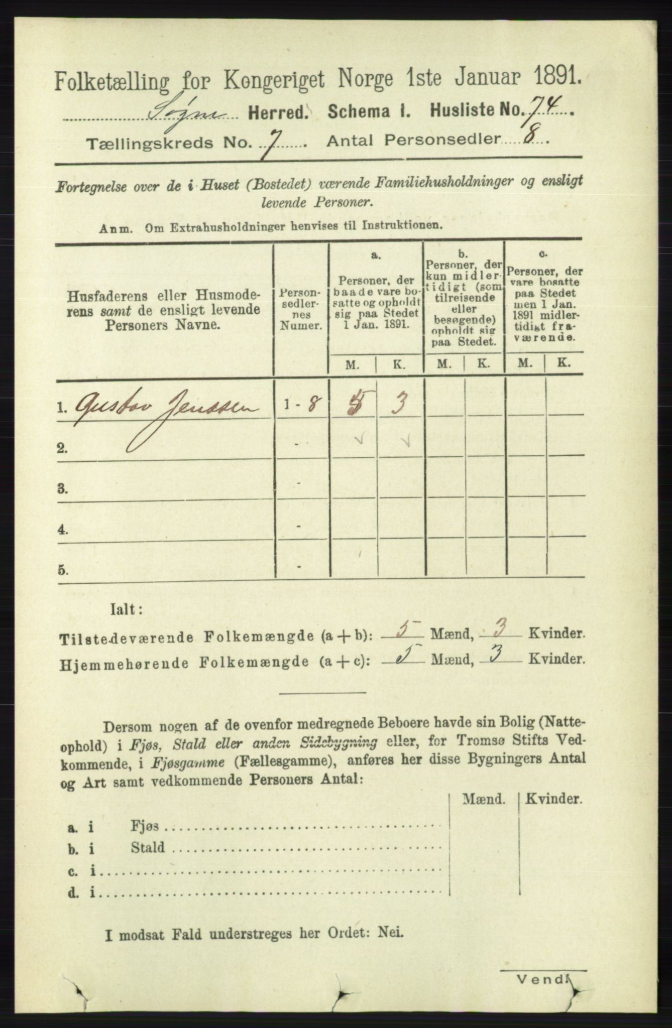 RA, 1891 census for 1018 Søgne, 1891, p. 1497