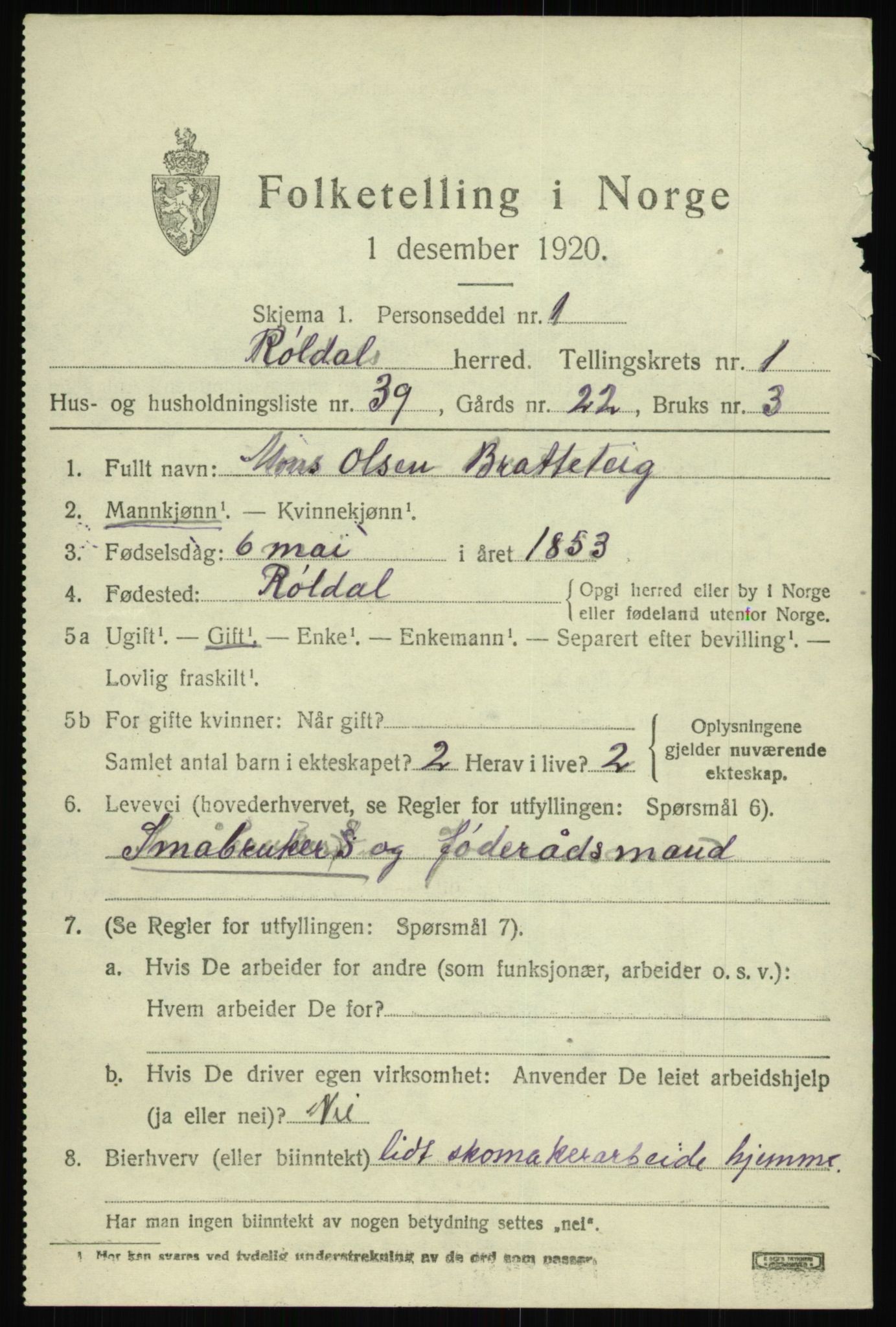 SAB, 1920 census for Røldal, 1920, p. 739