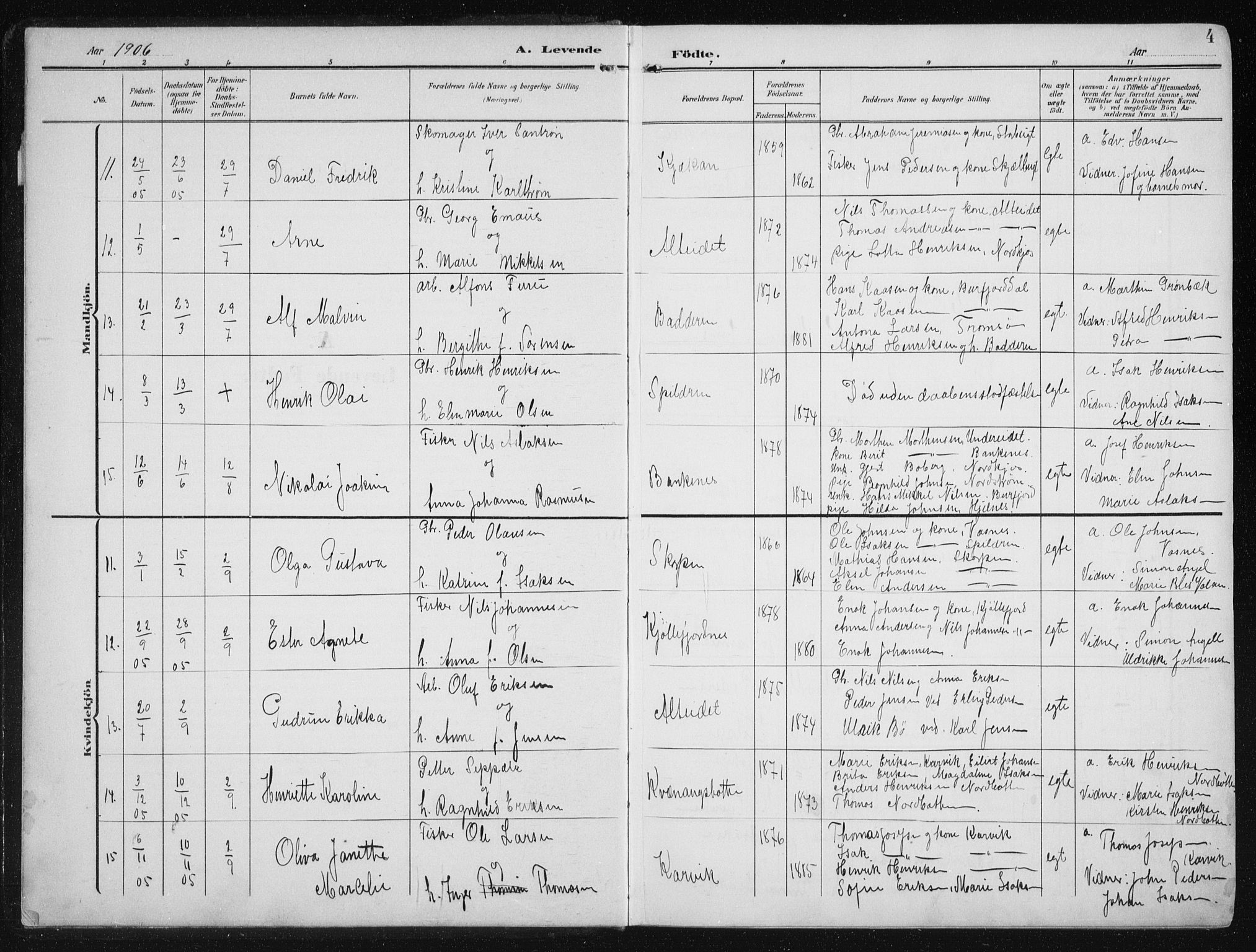 Skjervøy sokneprestkontor, SATØ/S-1300/H/Ha/Hab/L0017klokker: Parish register (copy) no. 17, 1906-1941, p. 4