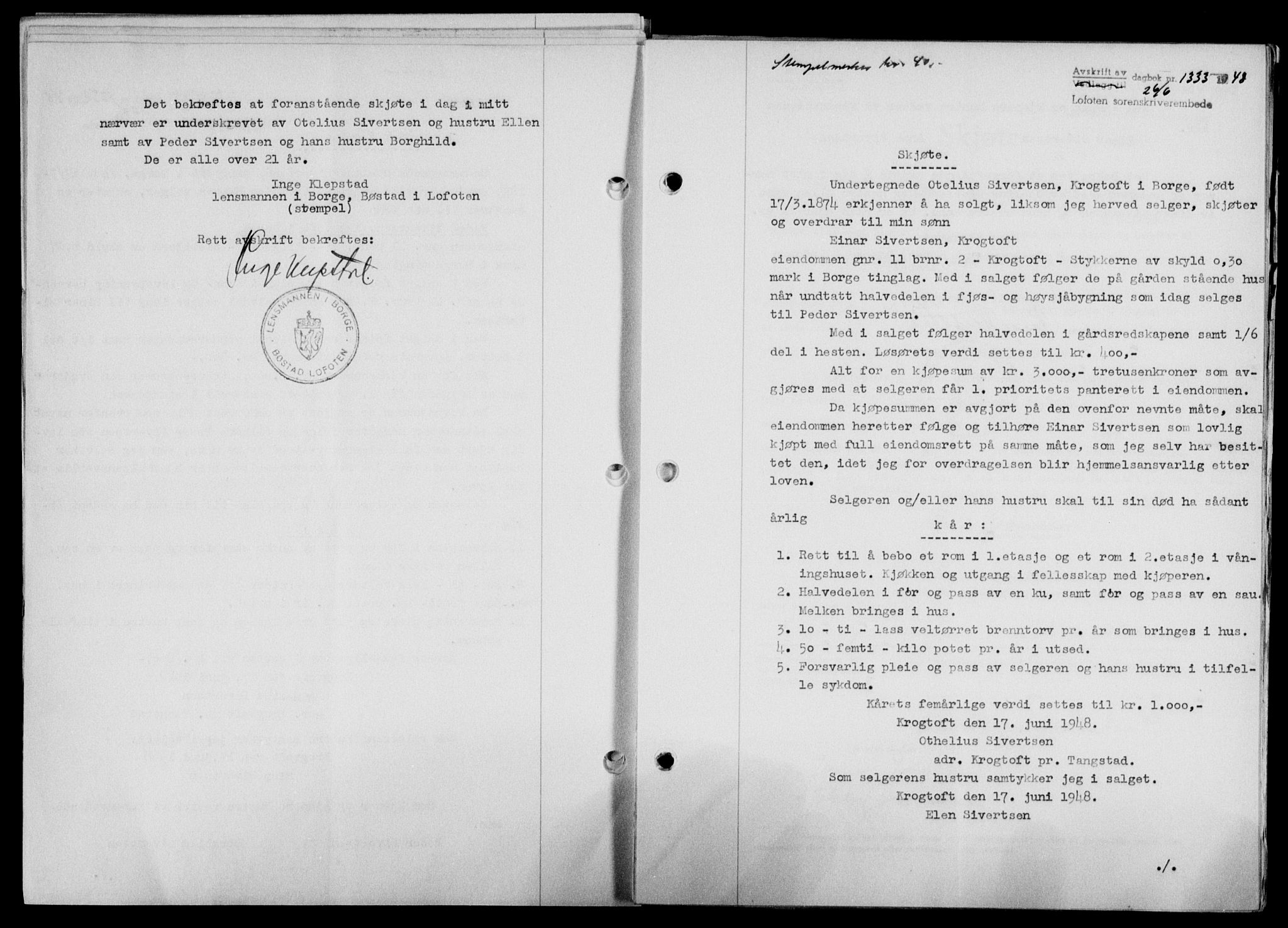 Lofoten sorenskriveri, SAT/A-0017/1/2/2C/L0018a: Mortgage book no. 18a, 1948-1948, Diary no: : 1333/1948