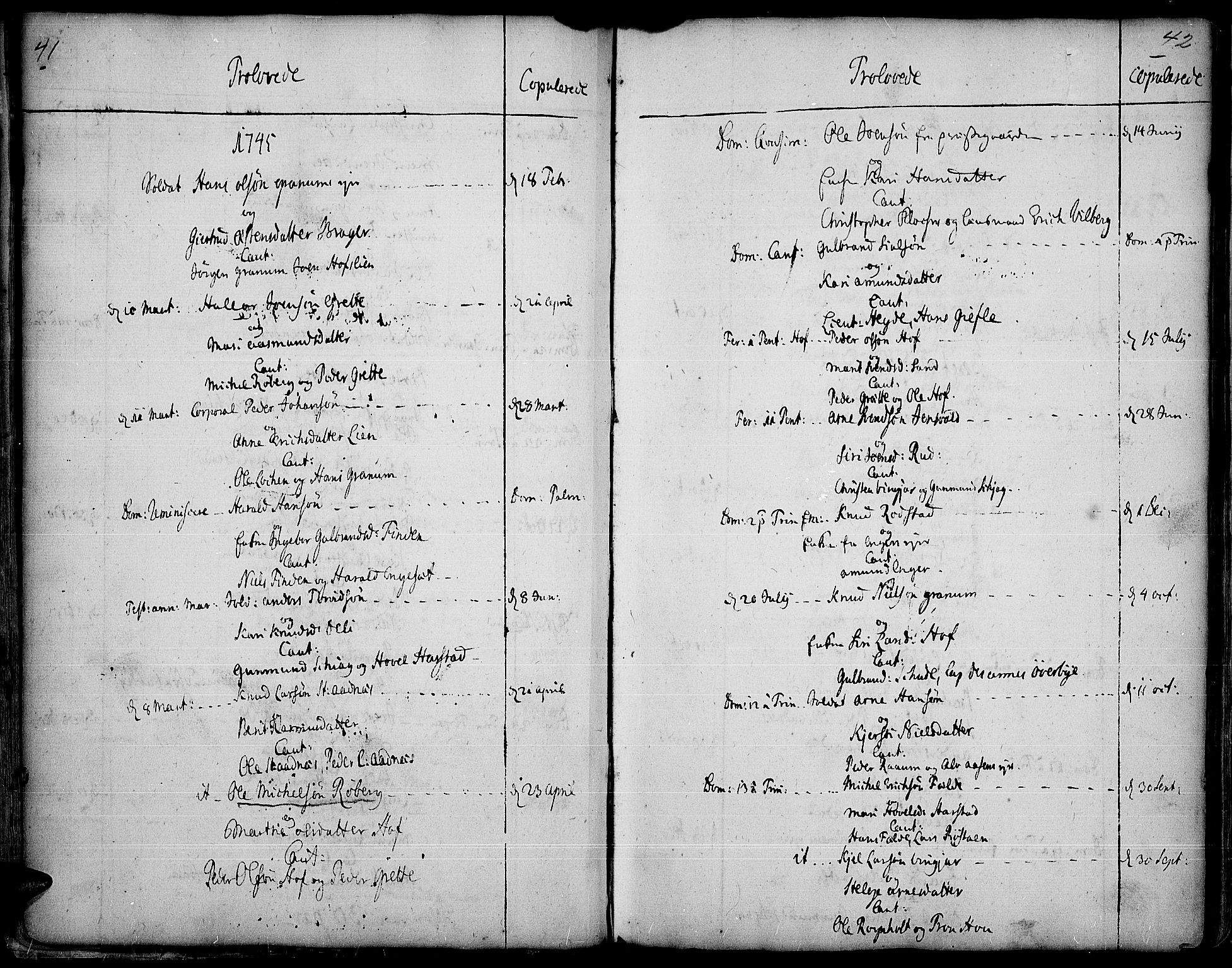 Land prestekontor, AV/SAH-PREST-120/H/Ha/Haa/L0003: Parish register (official) no. 3, 1733-1764, p. 41-42