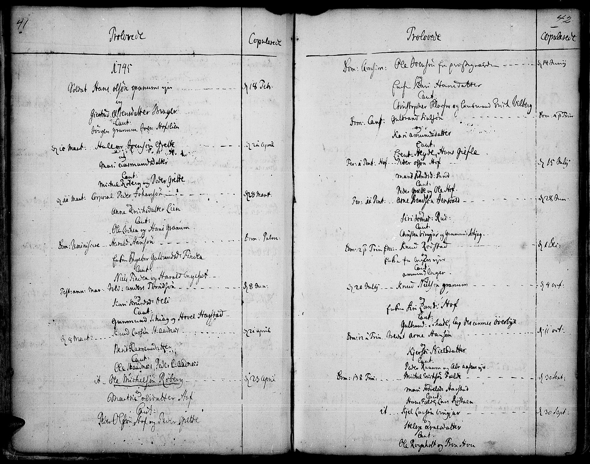 Land prestekontor, SAH/PREST-120/H/Ha/Haa/L0003: Parish register (official) no. 3, 1733-1764, p. 41-42