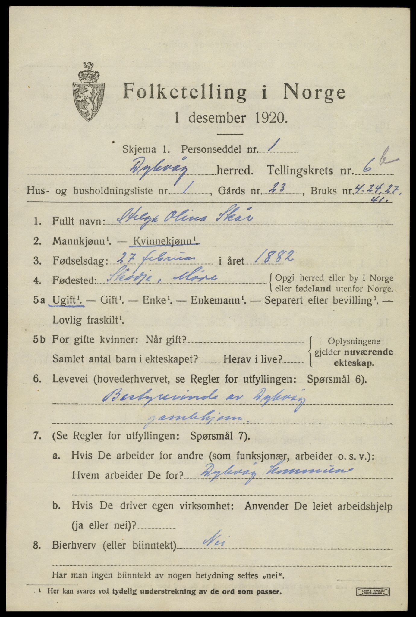 SAK, 1920 census for Dypvåg, 1920, p. 5409