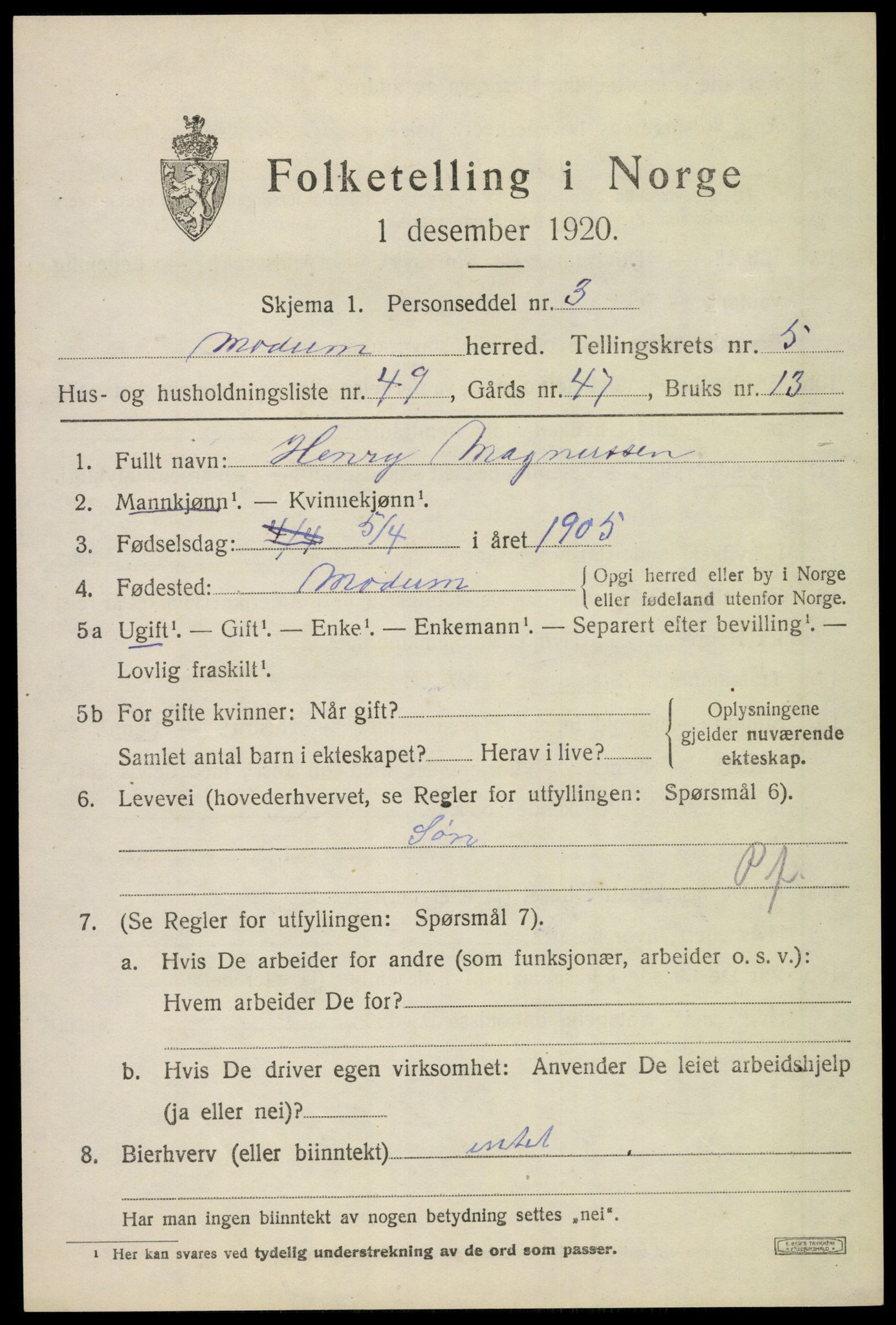 SAKO, 1920 census for Modum, 1920, p. 7077