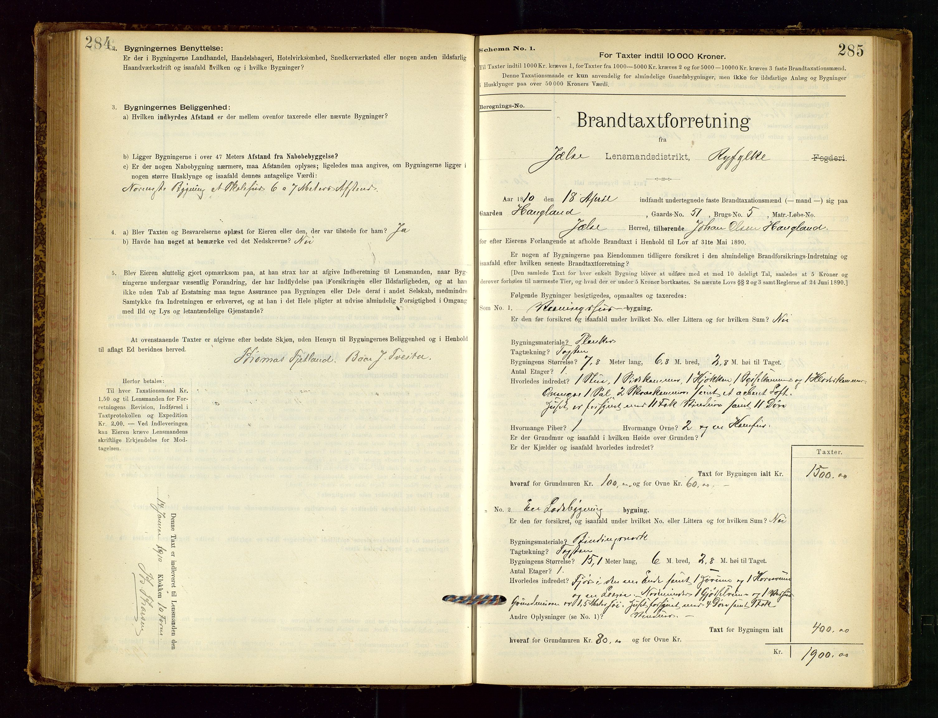 Jelsa lensmannskontor, SAST/A-100360/Gob/L0001: "Brandtaxationsprotocol", 1895-1918, p. 284-285
