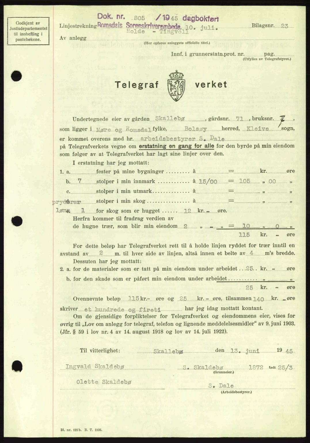 Romsdal sorenskriveri, AV/SAT-A-4149/1/2/2C: Mortgage book no. B2, 1939-1945, Diary no: : 805/1945