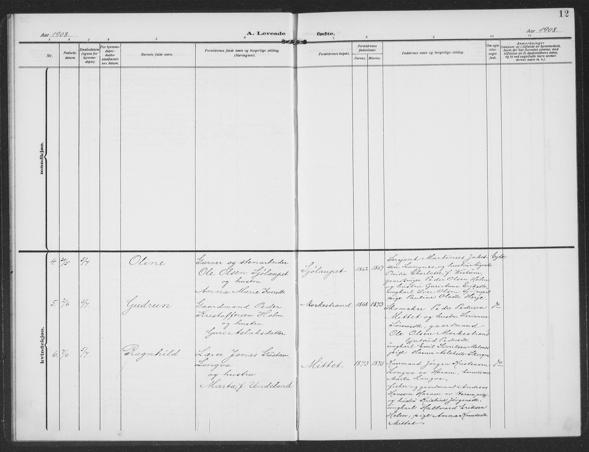 Ministerialprotokoller, klokkerbøker og fødselsregistre - Møre og Romsdal, AV/SAT-A-1454/549/L0615: Parish register (copy) no. 549C01, 1905-1932, p. 12