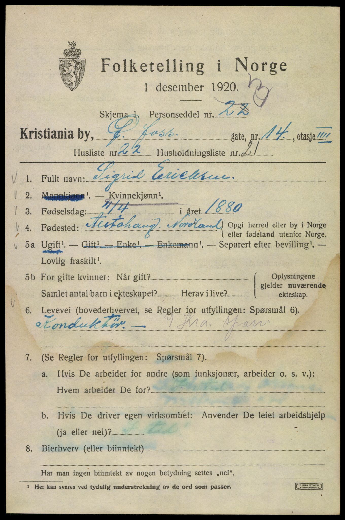 SAO, 1920 census for Kristiania, 1920, p. 660149