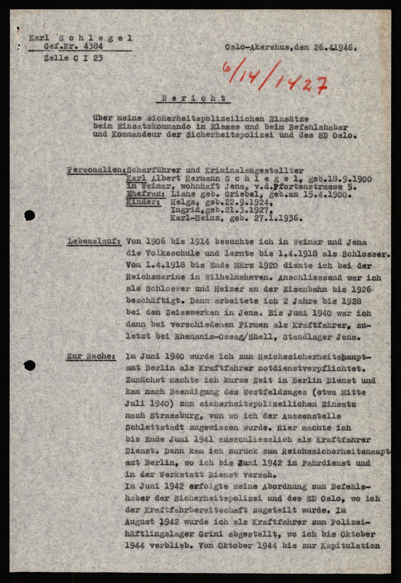 Forsvaret, Forsvarets overkommando II, RA/RAFA-3915/D/Db/L0029: CI Questionaires. Tyske okkupasjonsstyrker i Norge. Tyskere., 1945-1946, p. 235