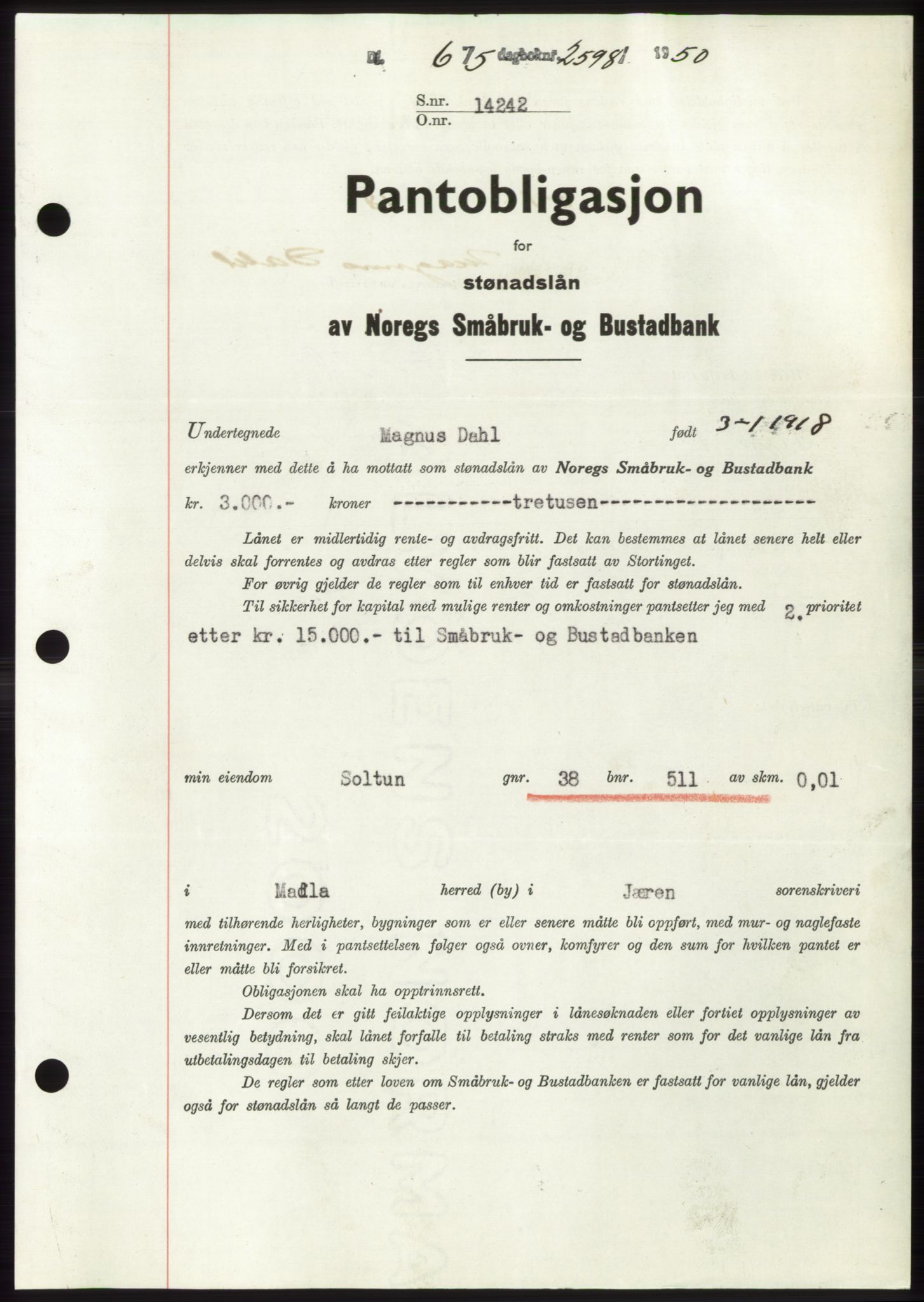 Jæren sorenskriveri, SAST/A-100310/03/G/Gba/L0107: Mortgage book, 1950-1950, Diary no: : 2598/1950
