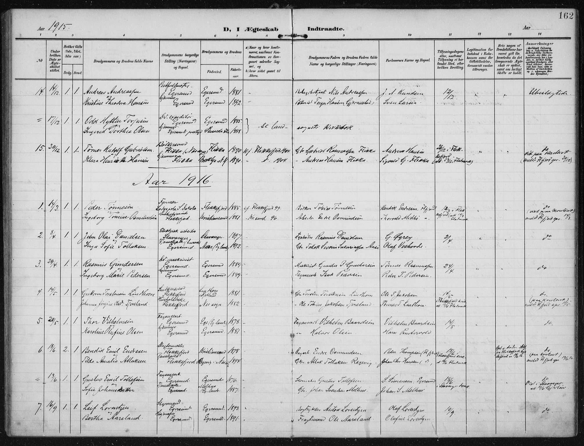 Eigersund sokneprestkontor, SAST/A-101807/S08/L0022: Parish register (official) no. A 21, 1905-1928, p. 162