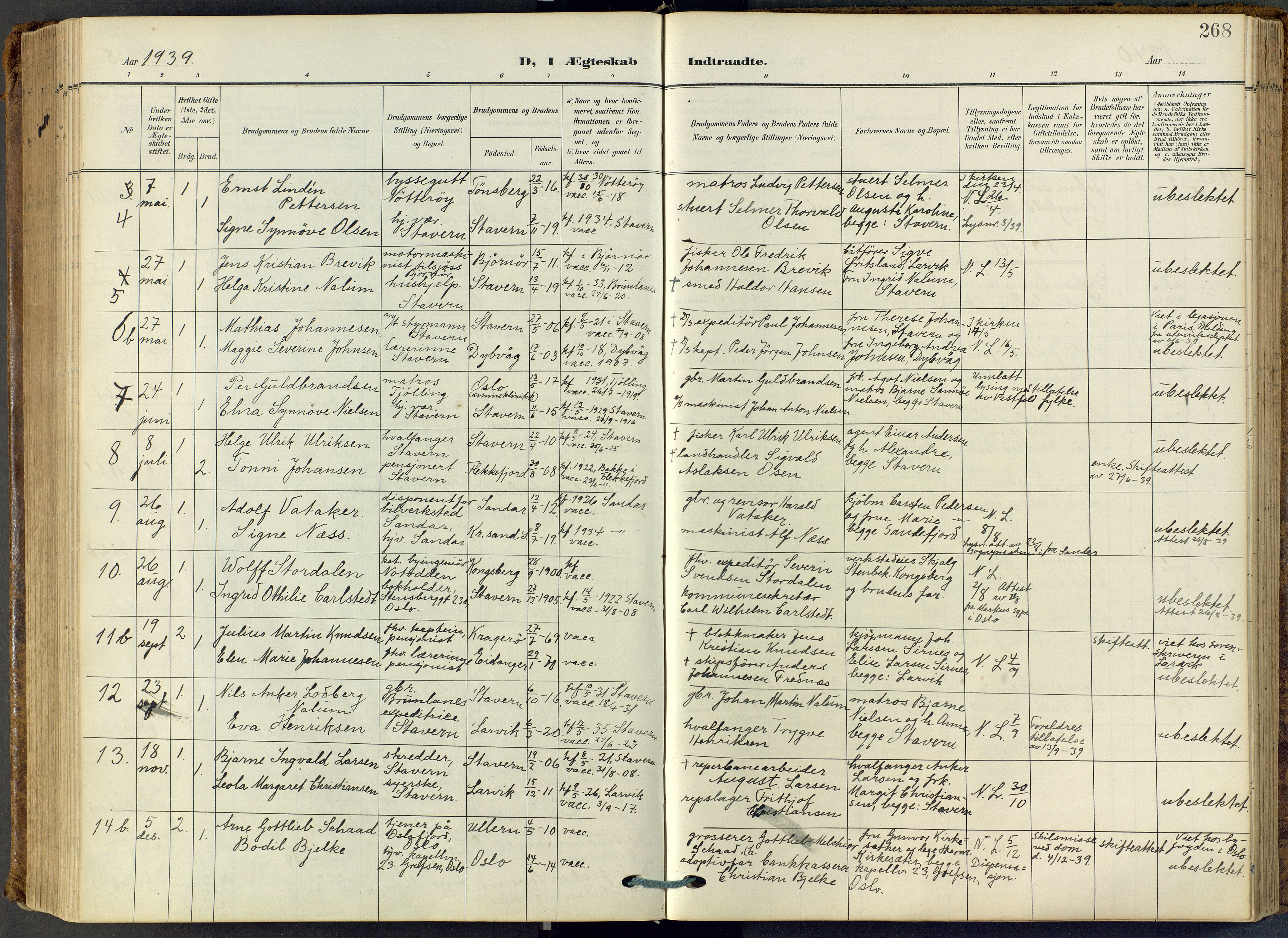 Stavern kirkebøker, SAKO/A-318/F/Fa/L0009: Parish register (official) no. 9, 1906-1955, p. 268