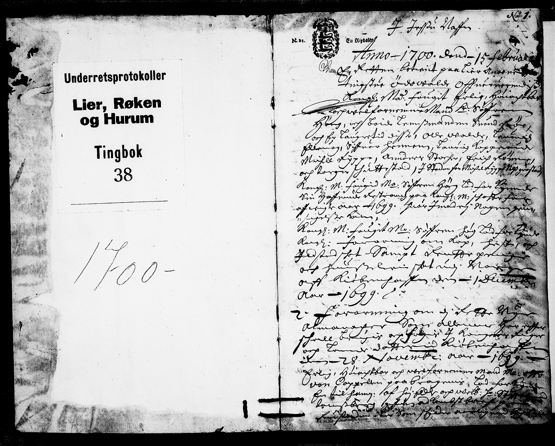Lier, Røyken og Hurum sorenskriveri, SAKO/A-89/F/Fa/L0038: Tingbok, 1700, p. 1
