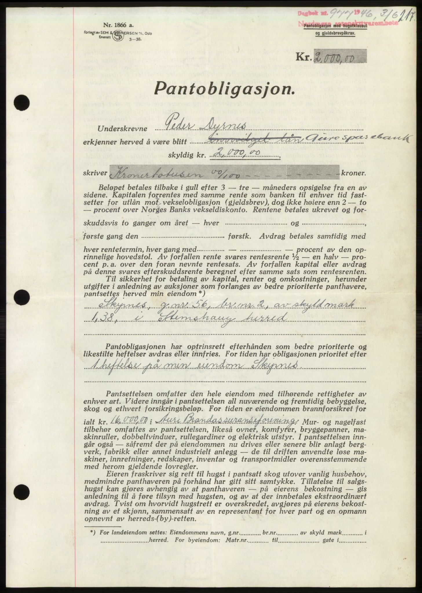 Nordmøre sorenskriveri, AV/SAT-A-4132/1/2/2Ca: Mortgage book no. B94, 1946-1946, Diary no: : 977/1946