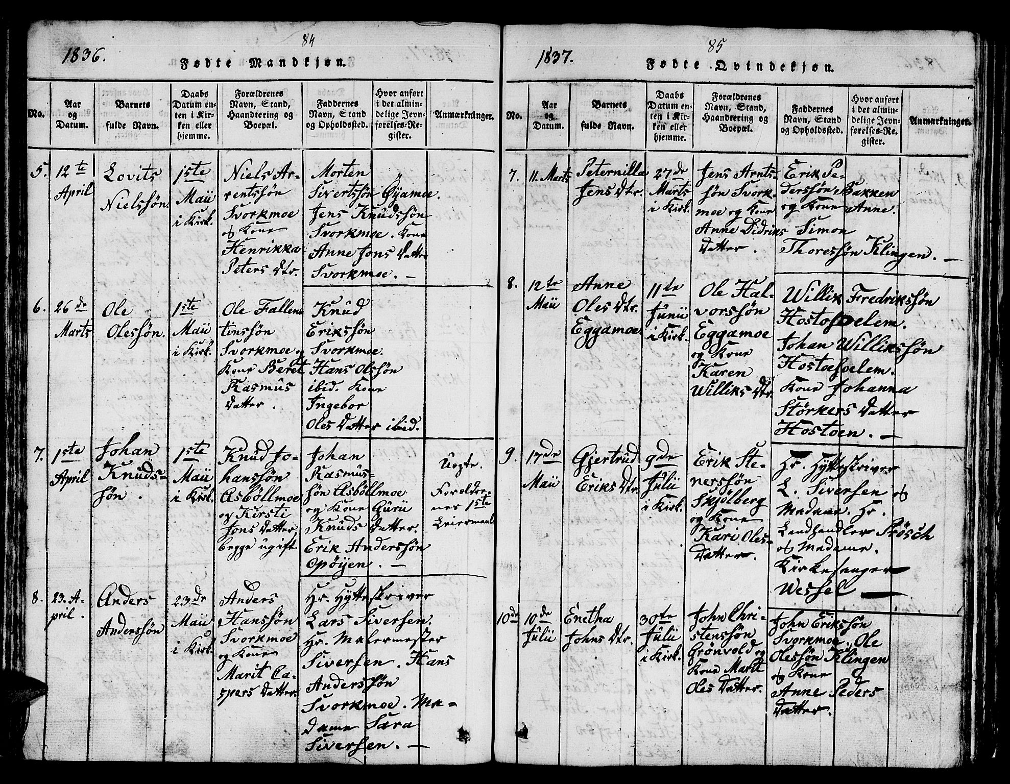 Ministerialprotokoller, klokkerbøker og fødselsregistre - Sør-Trøndelag, SAT/A-1456/671/L0842: Parish register (copy) no. 671C01, 1816-1867, p. 84-85