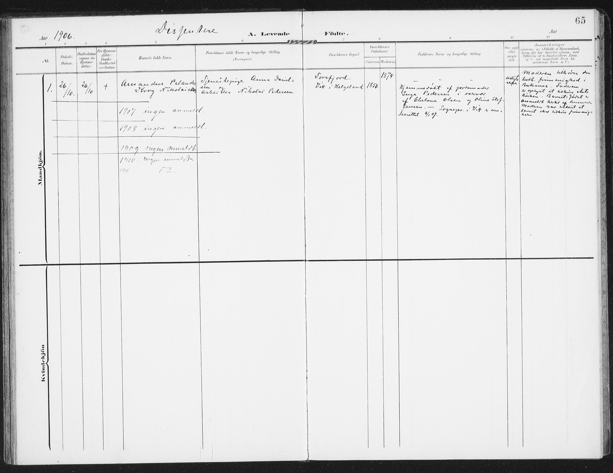 Ministerialprotokoller, klokkerbøker og fødselsregistre - Nordland, AV/SAT-A-1459/885/L1206: Parish register (official) no. 885A07, 1905-1915, p. 65