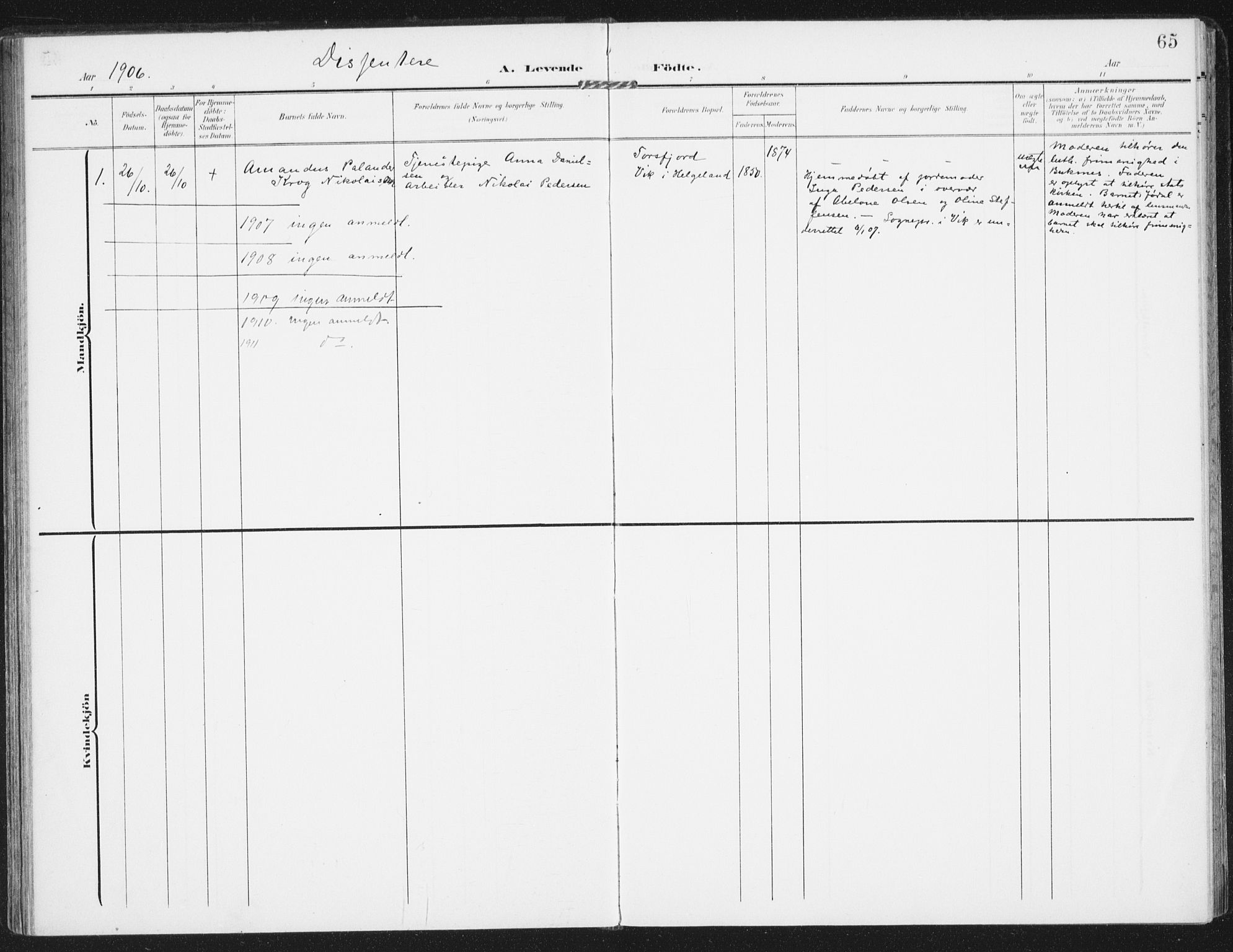 Ministerialprotokoller, klokkerbøker og fødselsregistre - Nordland, SAT/A-1459/885/L1206: Parish register (official) no. 885A07, 1905-1915, p. 65