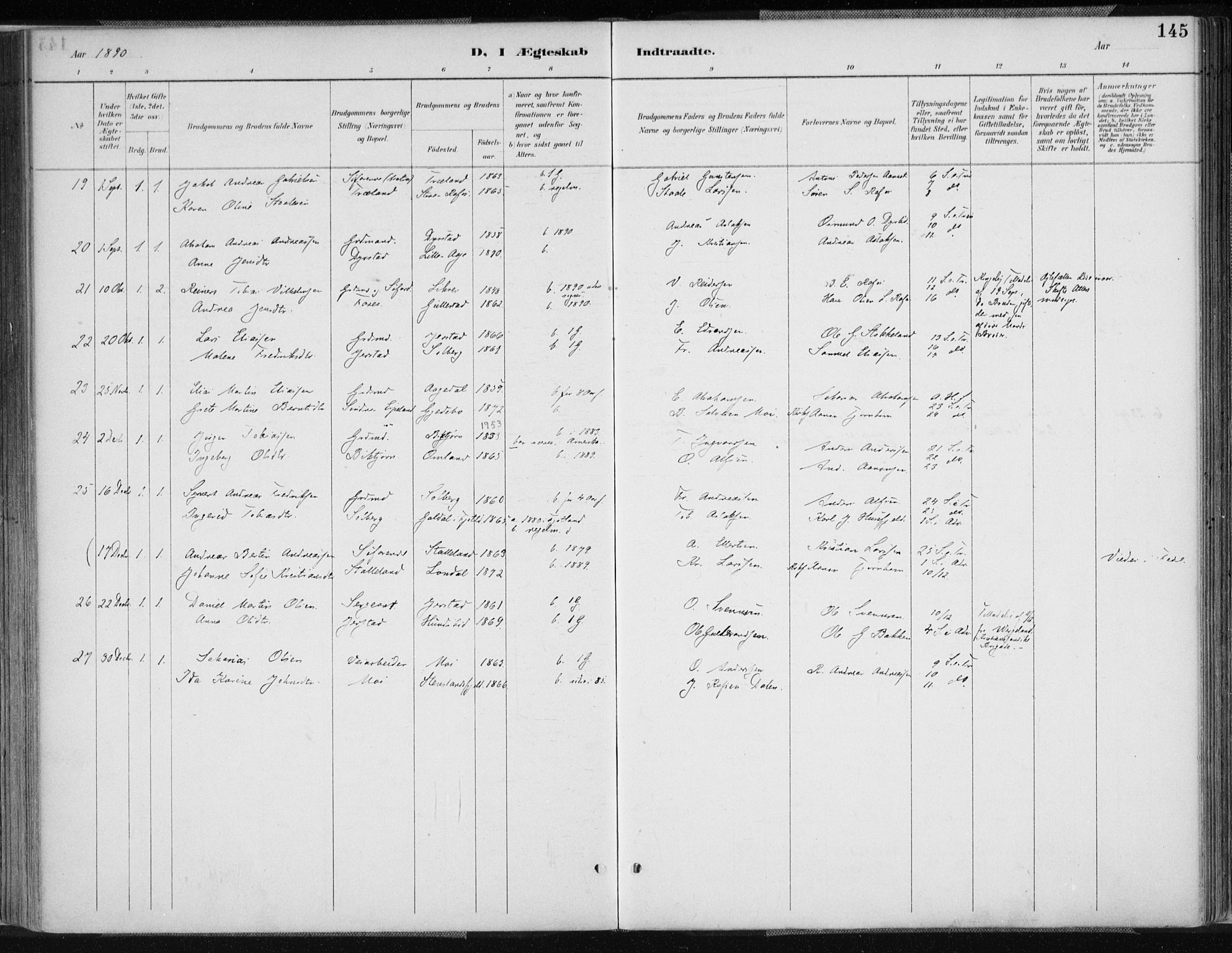 Kvinesdal sokneprestkontor, AV/SAK-1111-0026/F/Fa/Fab/L0008: Parish register (official) no. A 8, 1886-1897, p. 145