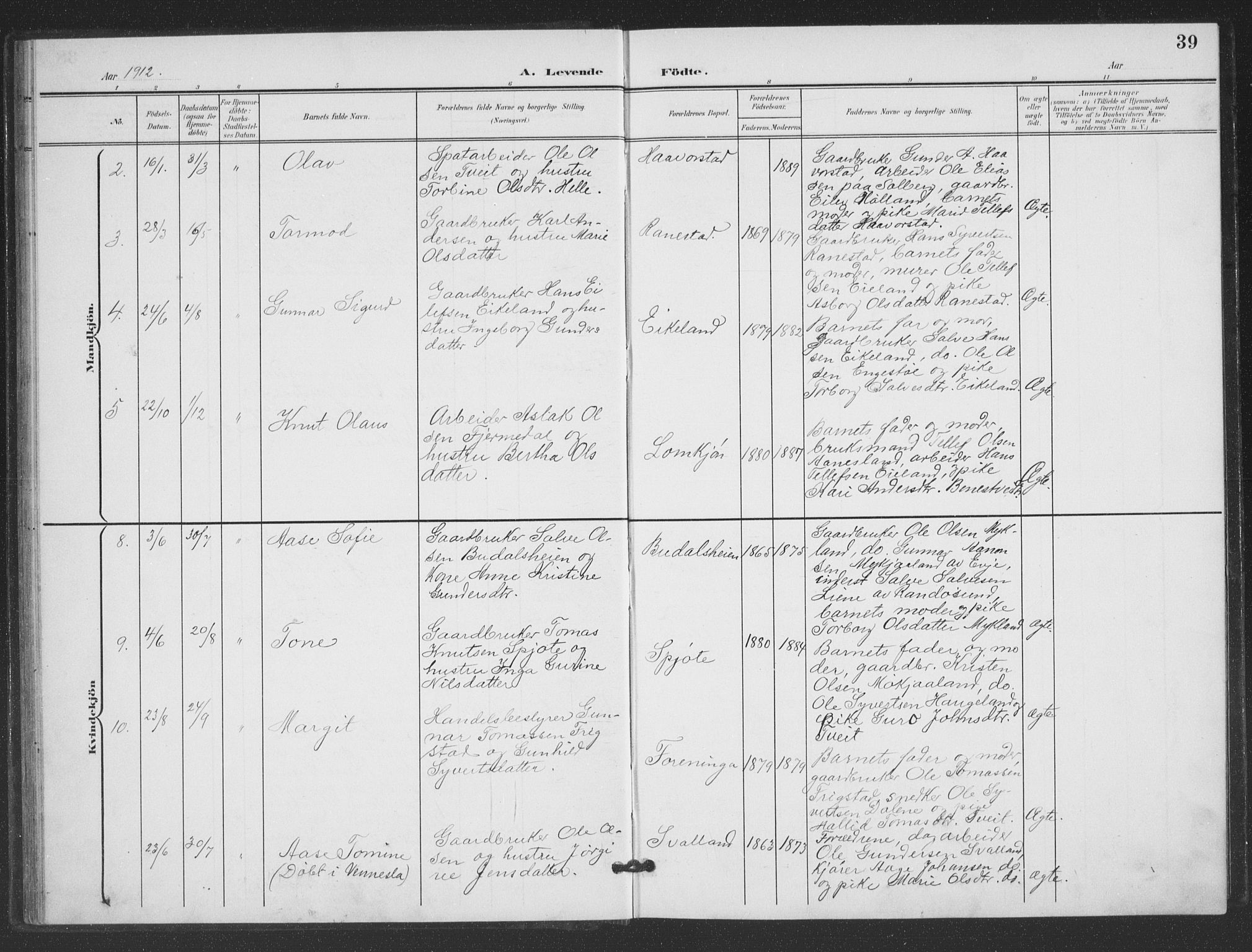 Evje sokneprestkontor, SAK/1111-0008/F/Fb/Fbc/L0005: Parish register (copy) no. B 5, 1901-1935, p. 39